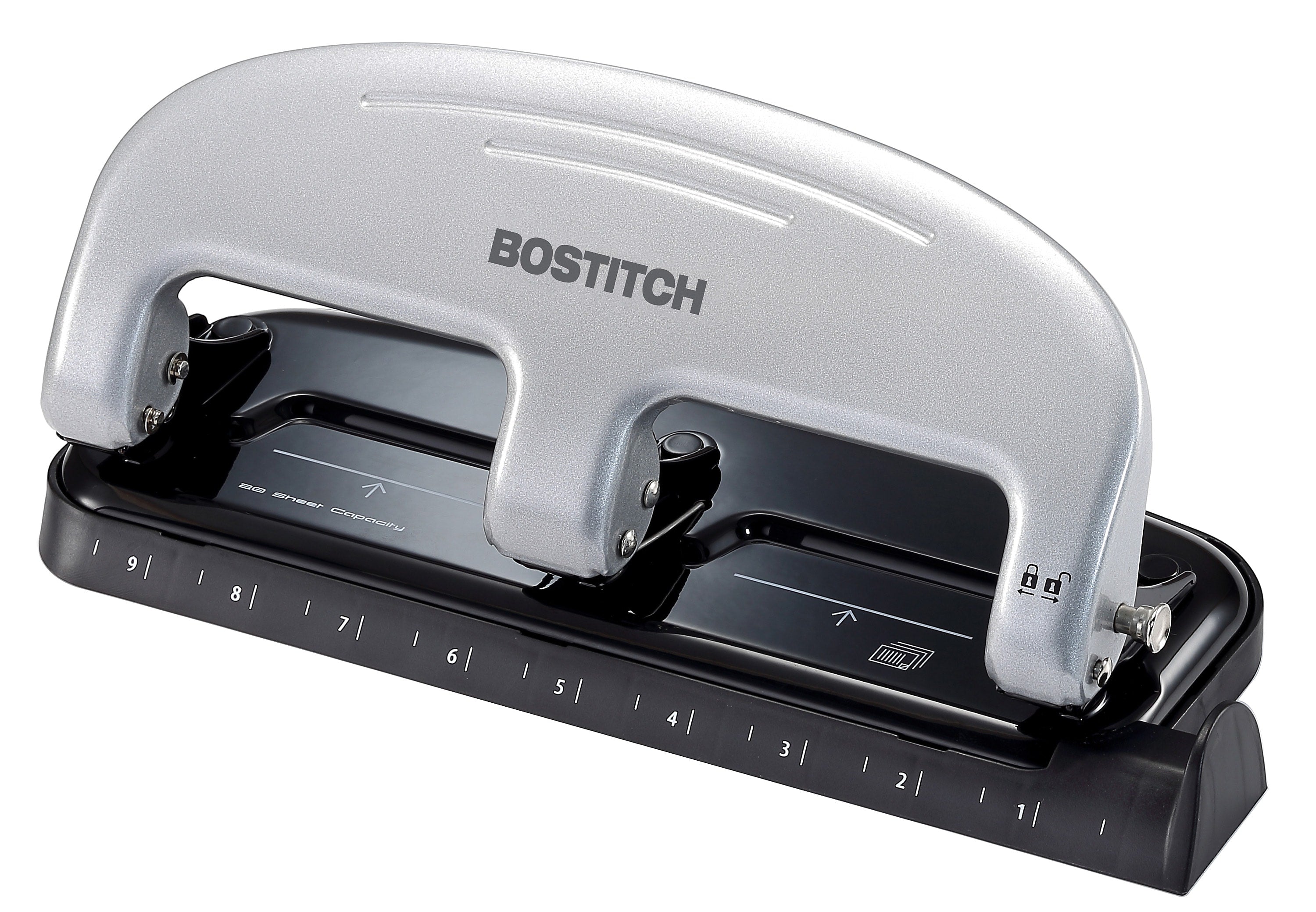 Bostitch EZ Squeeze 3-Hole Punch, 20-Sheet Capacity, Silver/Black
