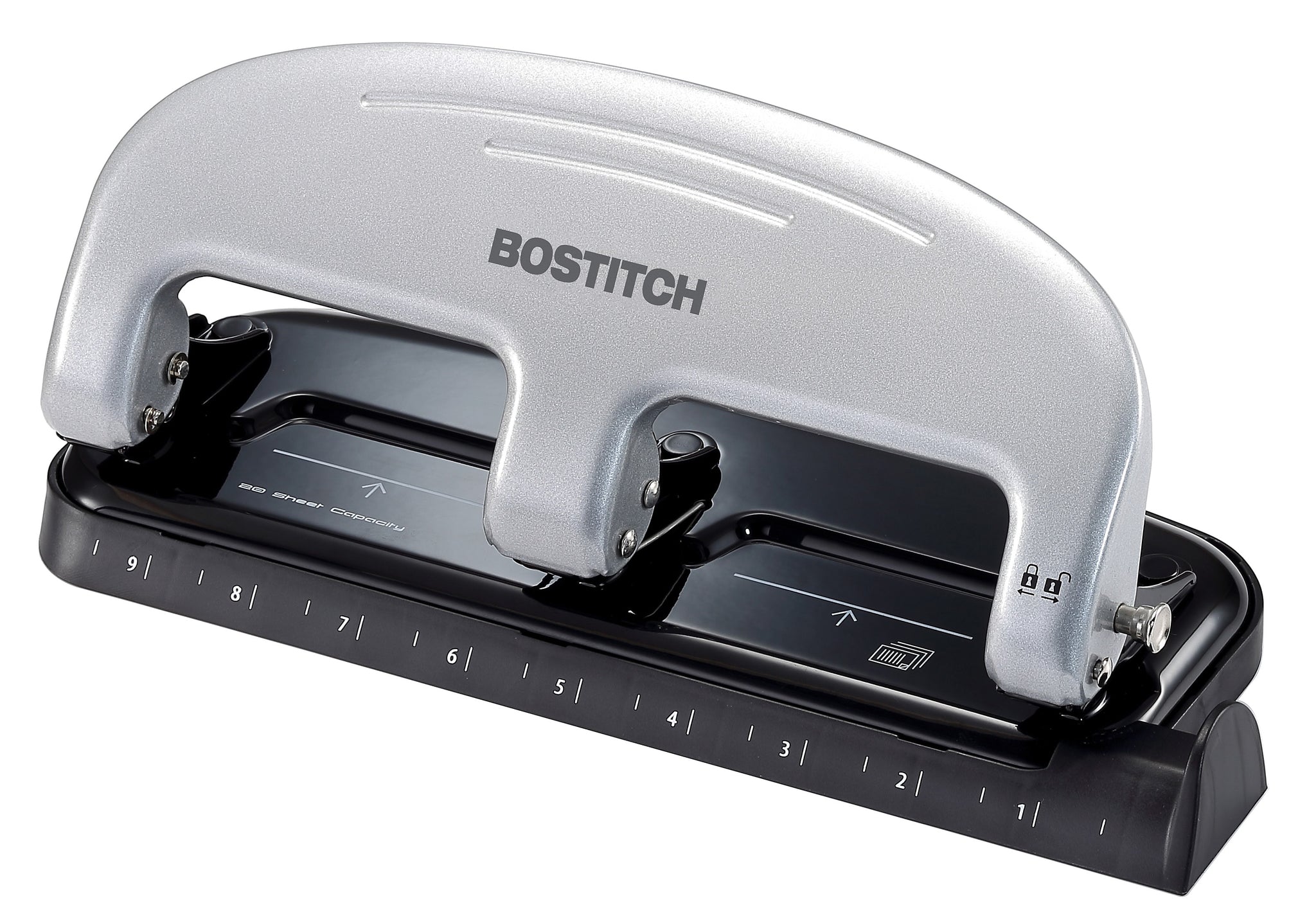 Bostitch EZ Squeeze 3-Hole Punch, 20-Sheet Capacity, Silver/Black