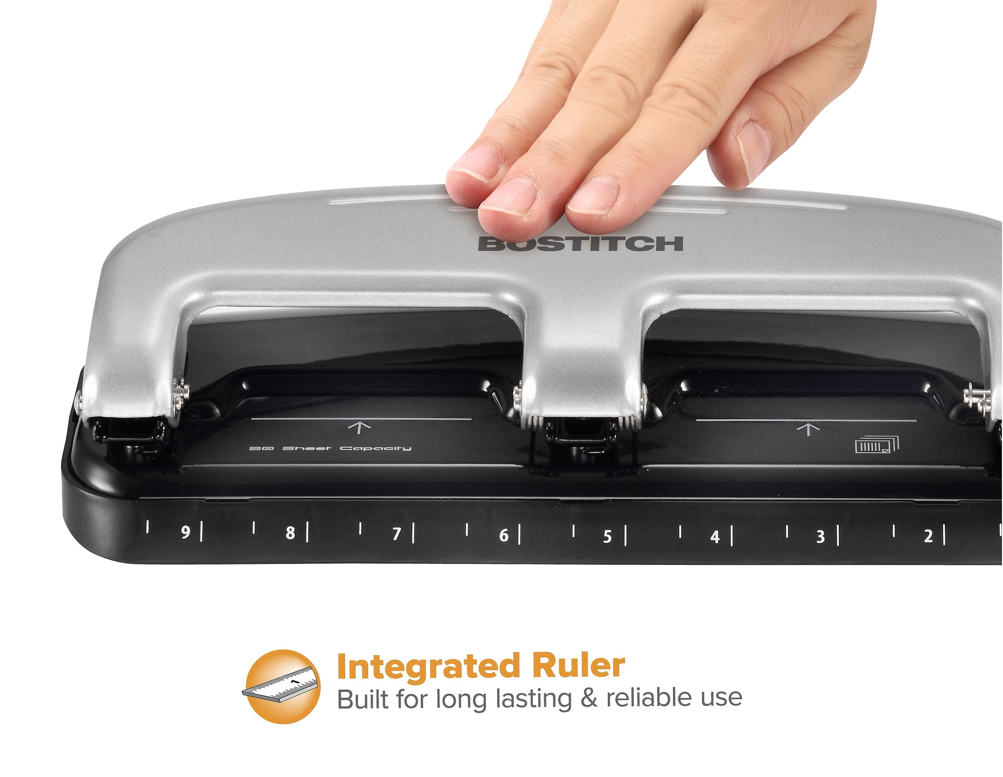 Bostitch EZ Squeeze 3-Hole Punch, 20-Sheet Capacity, Silver/Black
