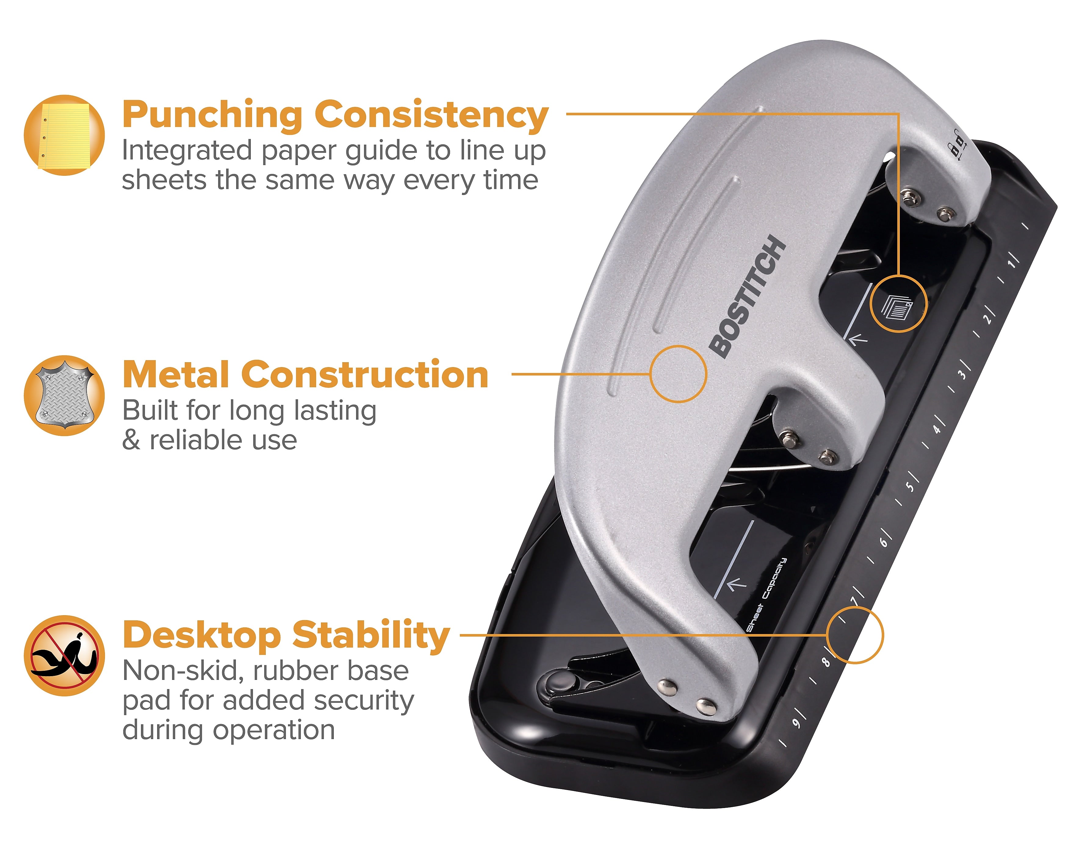 Bostitch EZ Squeeze 3-Hole Punch, 20-Sheet Capacity, Silver/Black