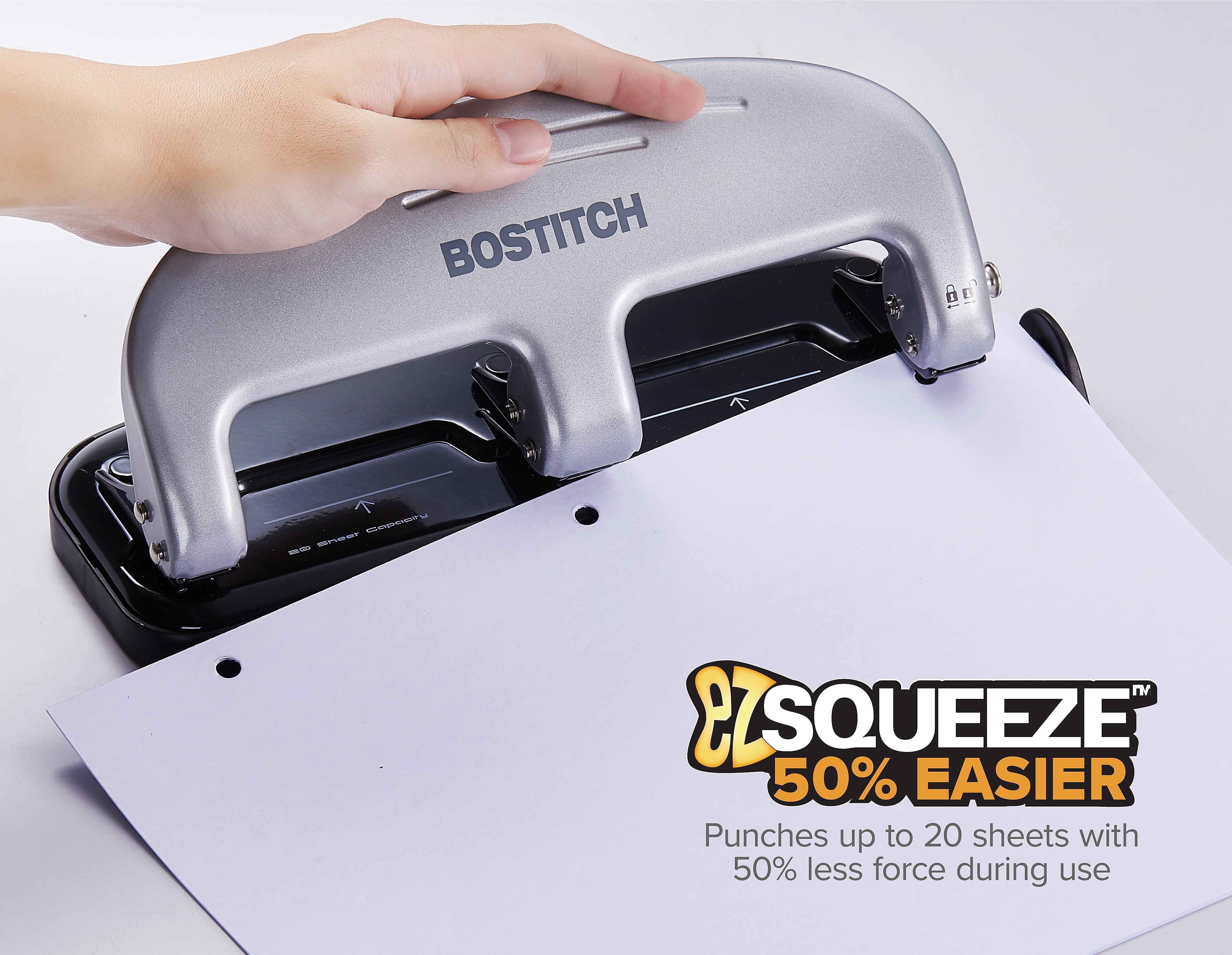 Bostitch EZ Squeeze 3-Hole Punch, 20-Sheet Capacity, Silver/Black