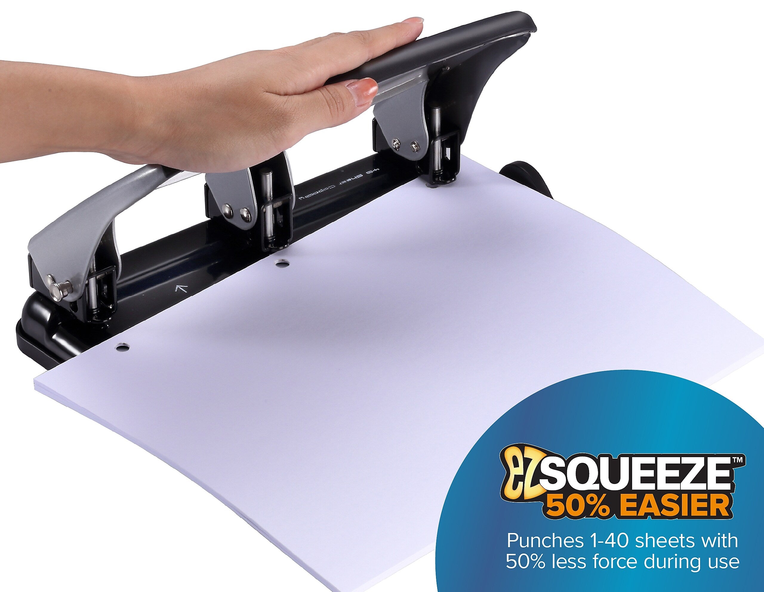 Bostitch EZ Squeeze 3-Hole Punch, 40 Sheet Capacity, Silver/Black