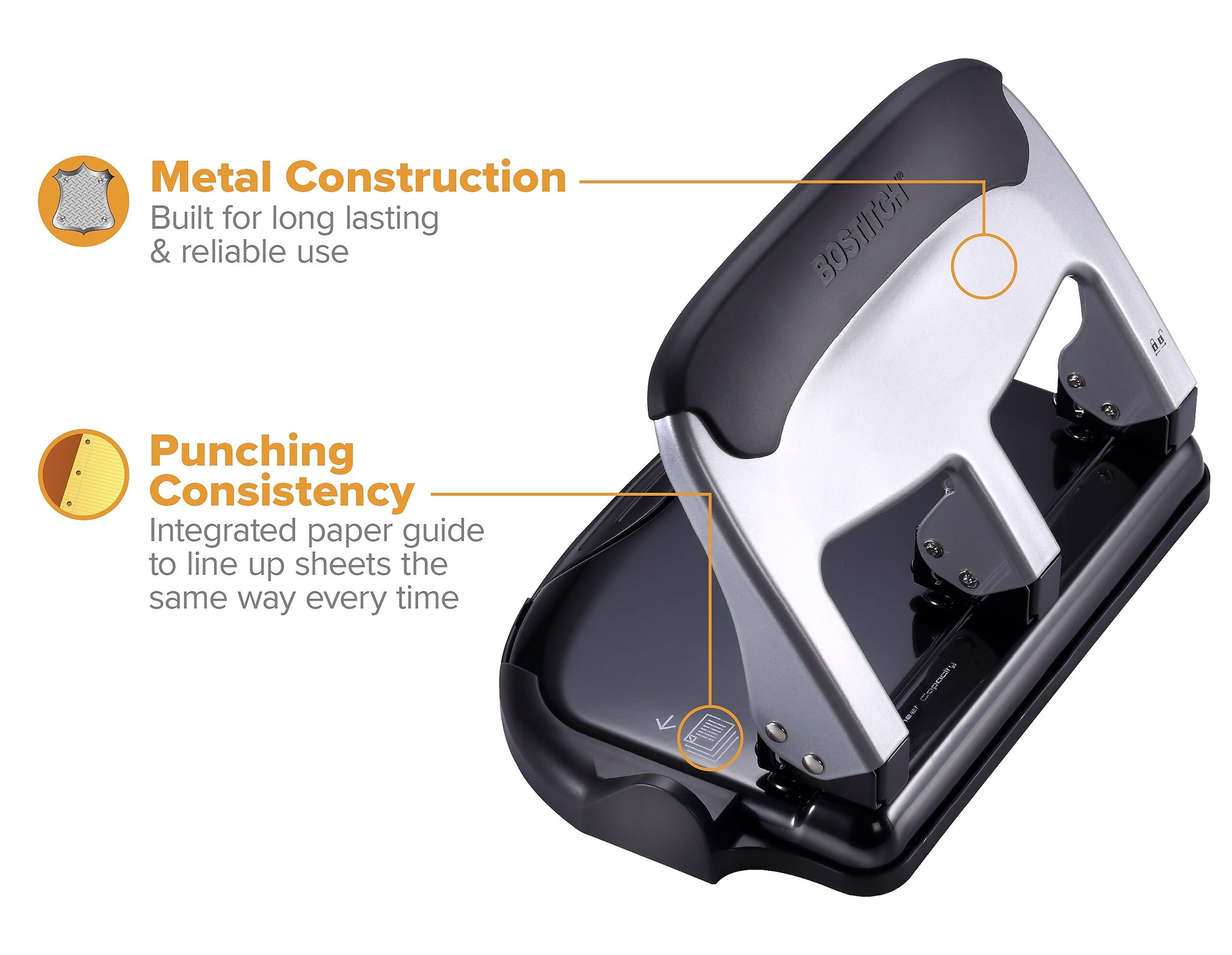 Bostitch EZ Squeeze 3-Hole Punch, 40 Sheet Capacity, Silver/Black