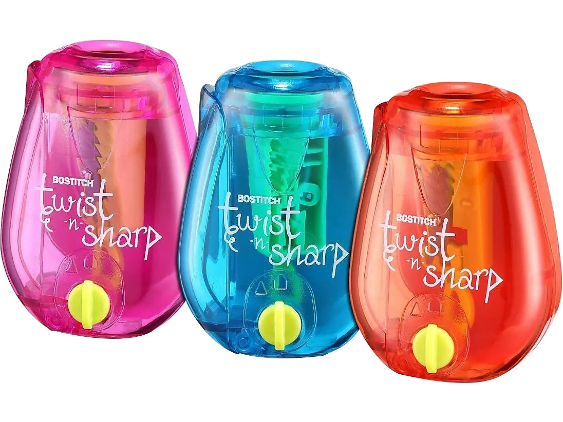 Bostitch Twist-n-Sharp Kids Manual Pencil Sharpeners, Pink/Blue/Orange, 3/Box
