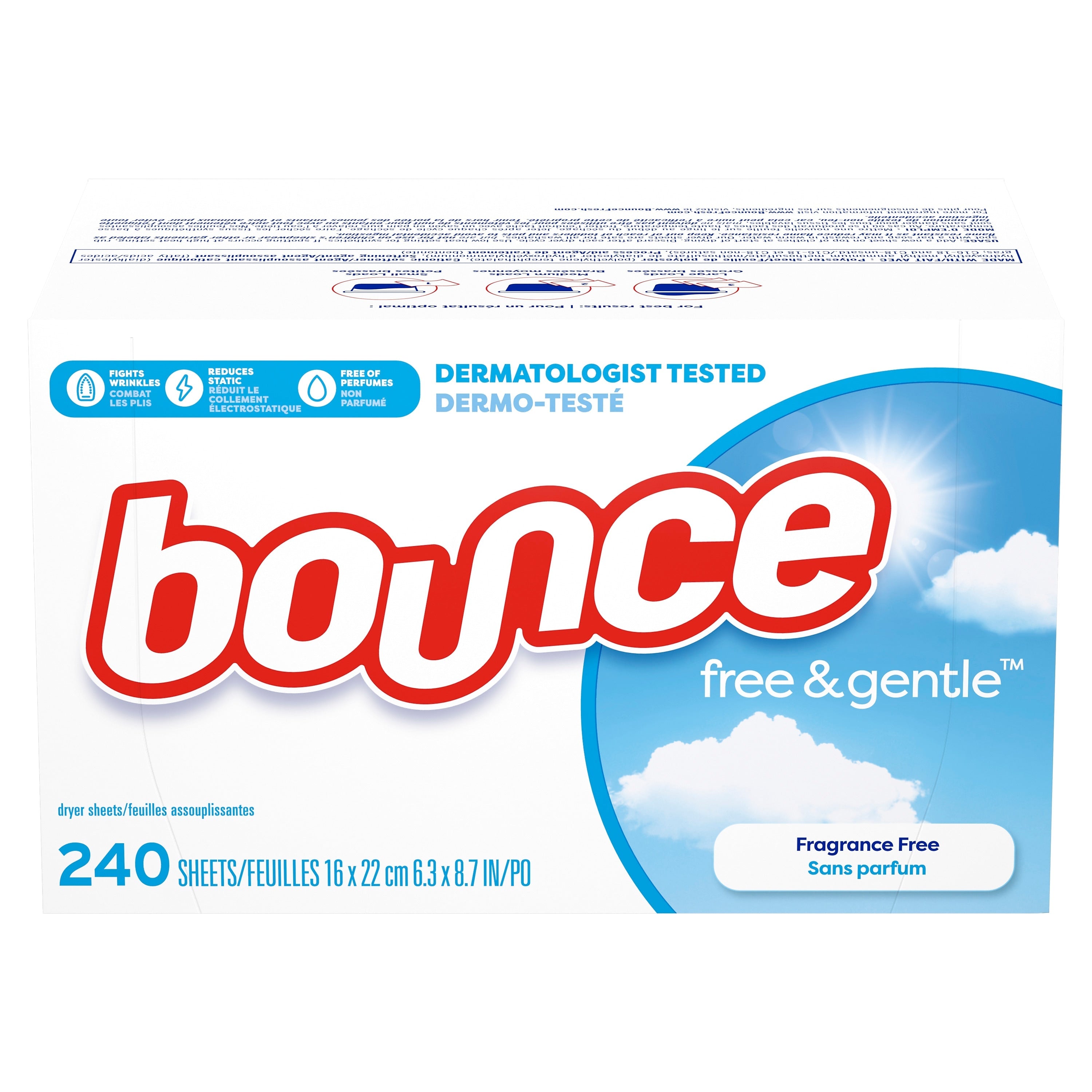 Bounce Free & Gentle Fabric Softener Dryer Sheets, Unscented, 240 Sheets/Box