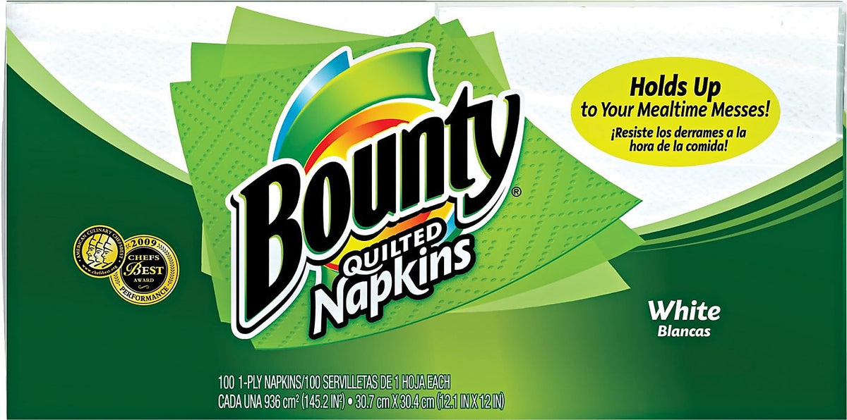 Bounty Quilted Napkins, 1-Ply, White, 100/Pack, 20/Carton