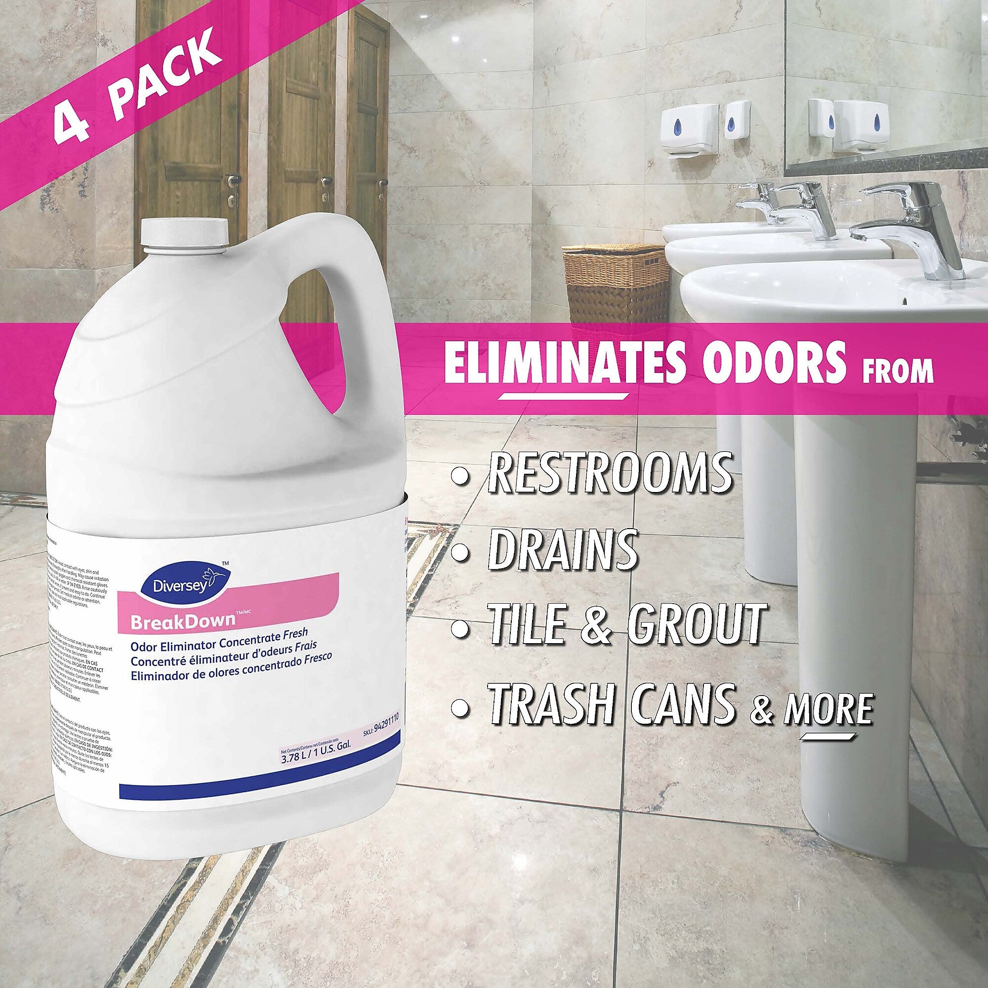 BreakDown Odor Eliminator Concentrate, Fresh, 4/Carton