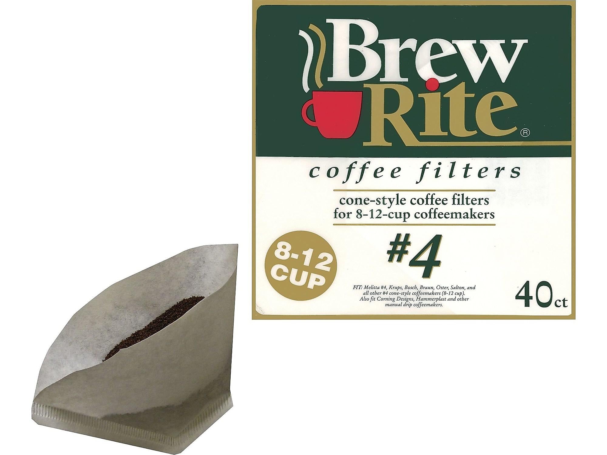 Brew Rite 12-Cup Paper Coffee Filter, Cone Shape, 40/Pack