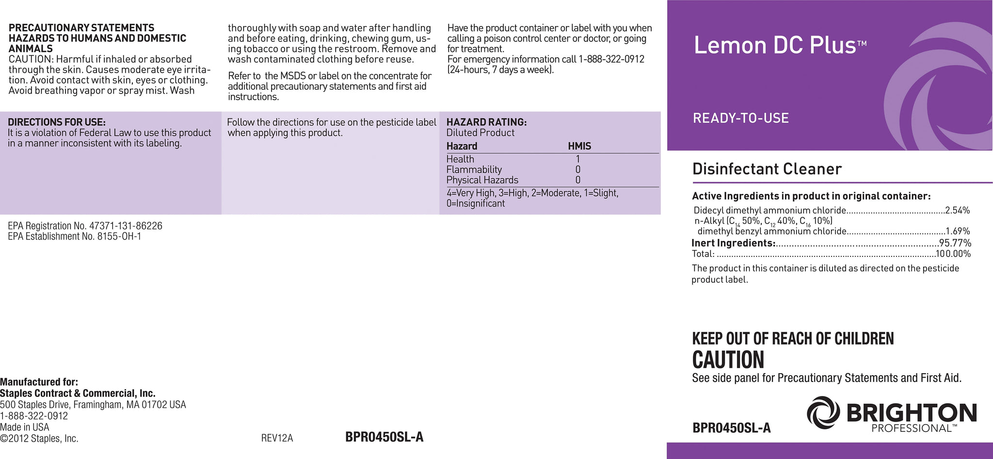 Brighton Professional™ Secondary Label for Lemon DC Plus™ Disinfectant Cleaner