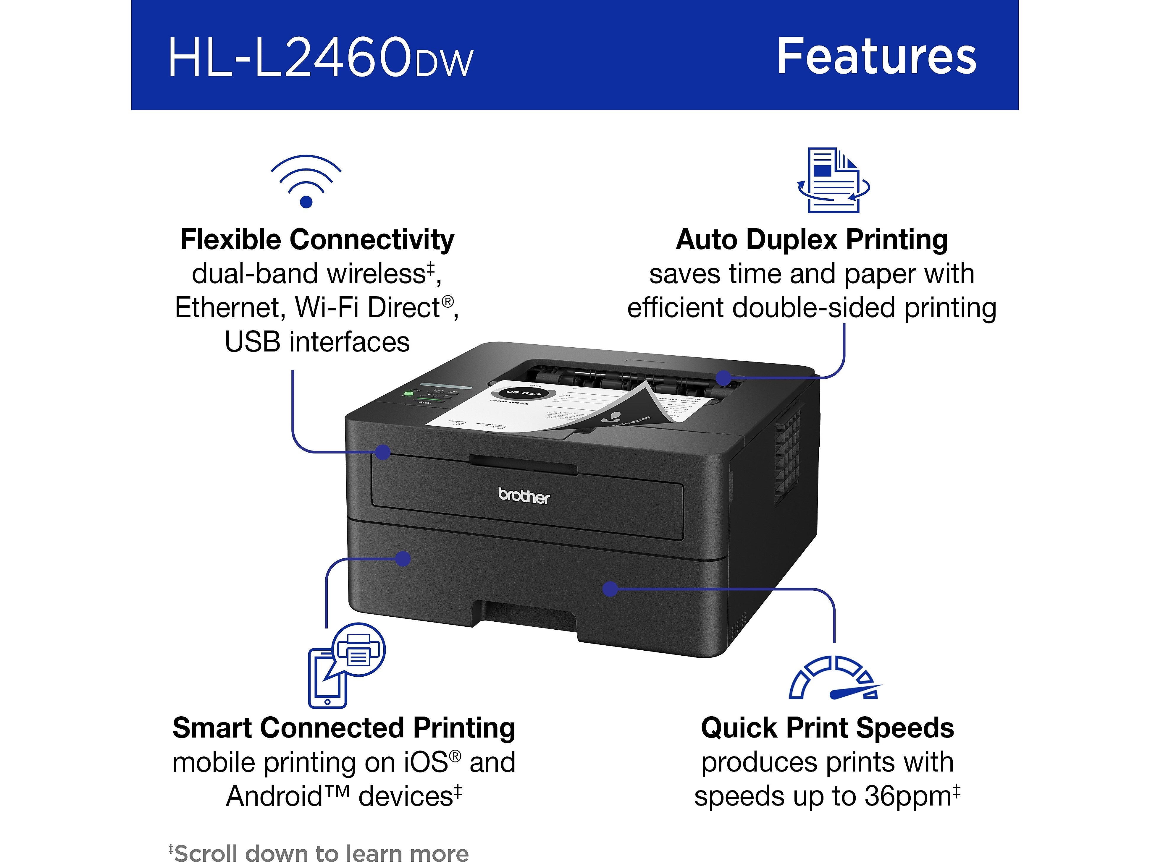 Brother HL-L2460DW Wireless Compact Laser Printer, Duplex and Mobile Printing, Refresh Subscription Ready