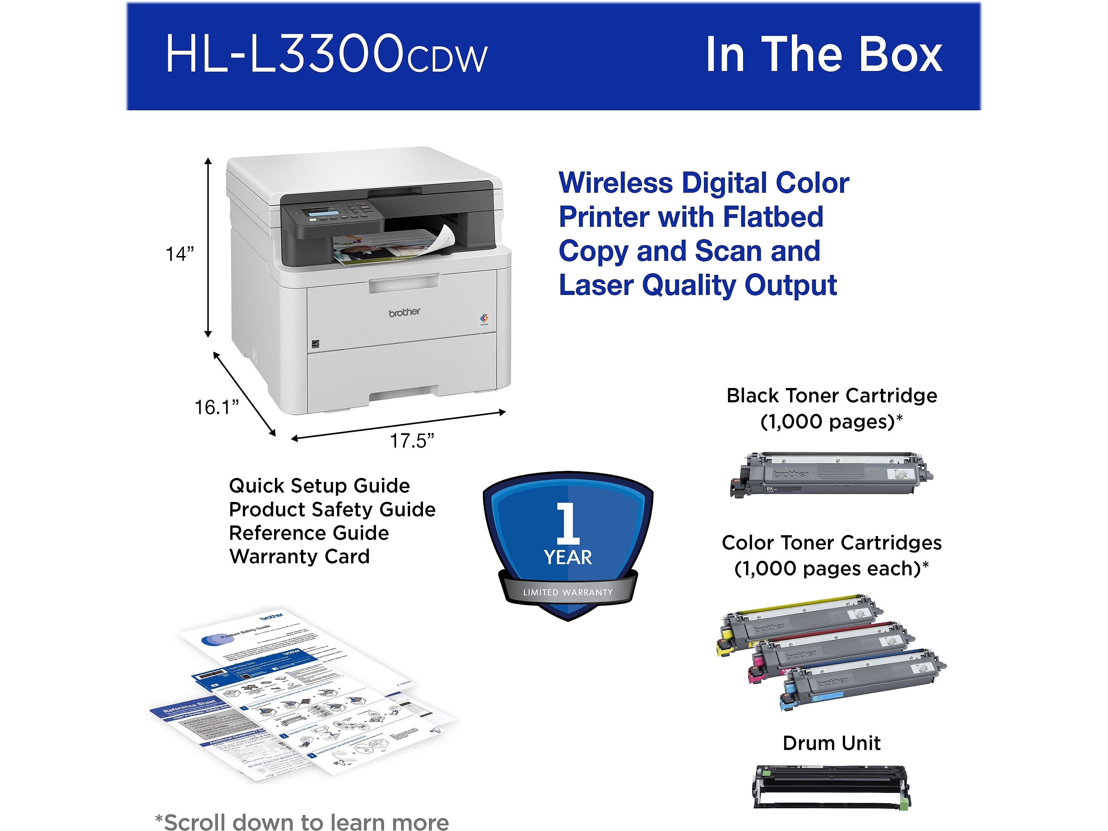 Brother HL-L3300CDW Wireless Digital Multi-Function Printer, Laser Quality Output, Refresh Subscription Eligible