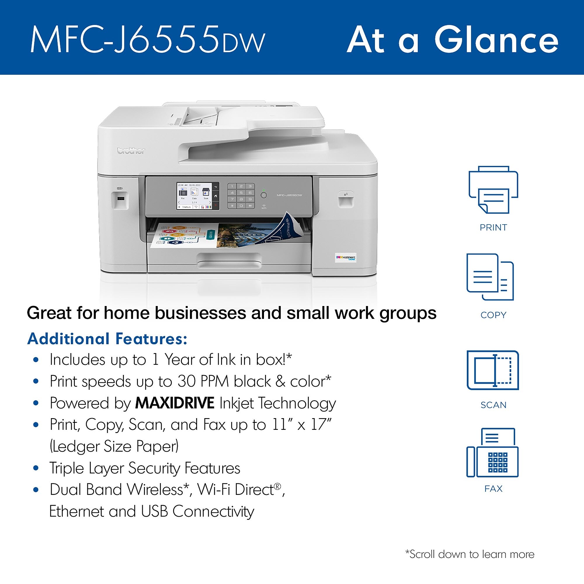 Brother INKvestment Tank MFC-J6555DW Wireless Color All-in-One Printer
