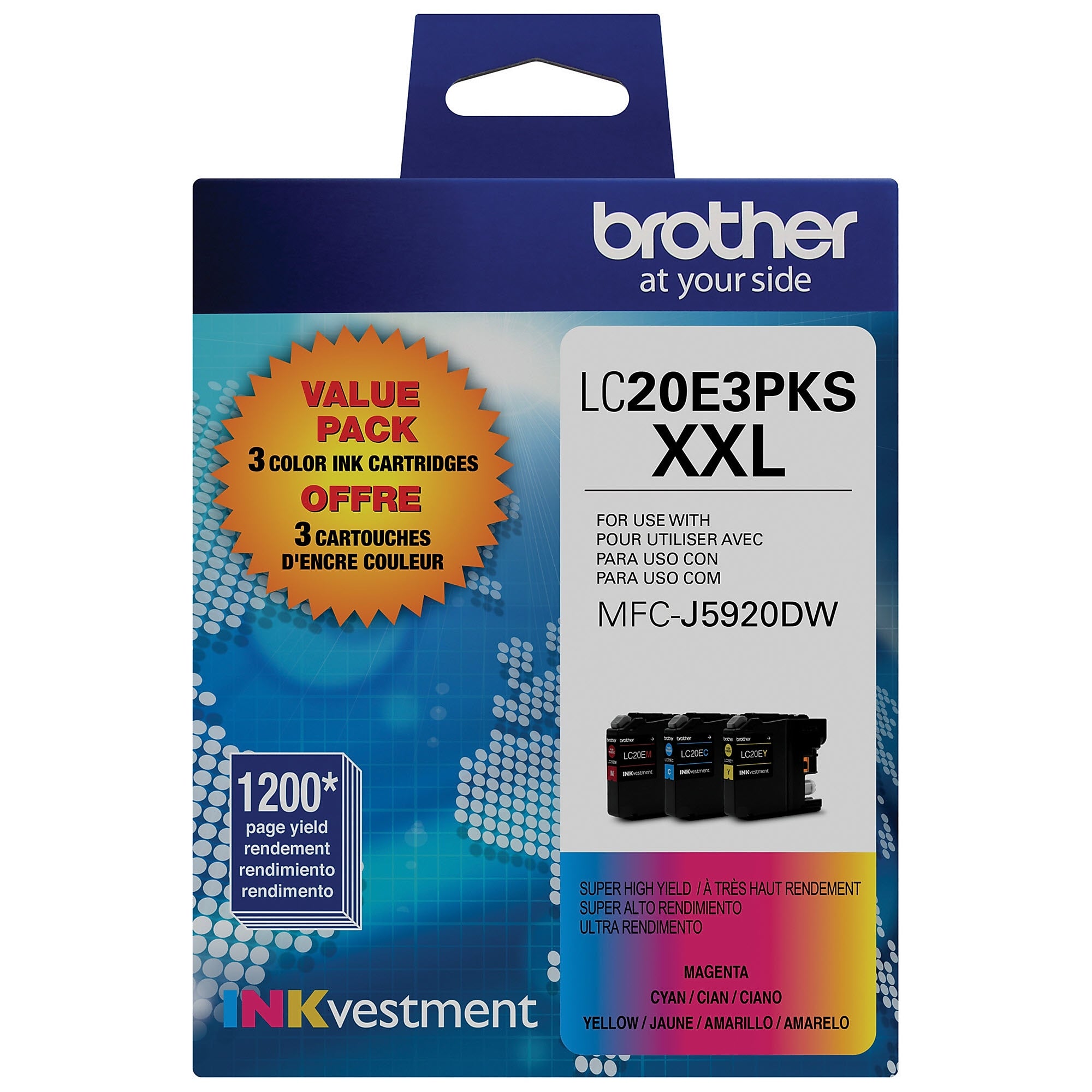 Brother LC20E3PKS Cyan/Magenta/Yellow Extra High Yield Ink Cartridge, 3/Pack