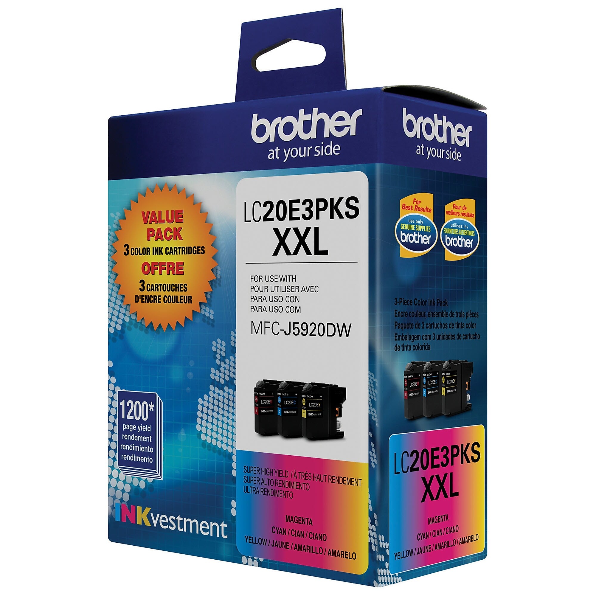 Brother LC20E3PKS Cyan/Magenta/Yellow Extra High Yield Ink Cartridge, 3/Pack