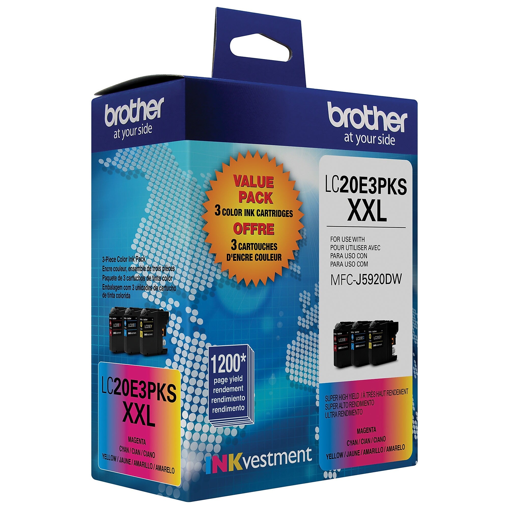 Brother LC20E3PKS Cyan/Magenta/Yellow Extra High Yield Ink Cartridge, 3/Pack