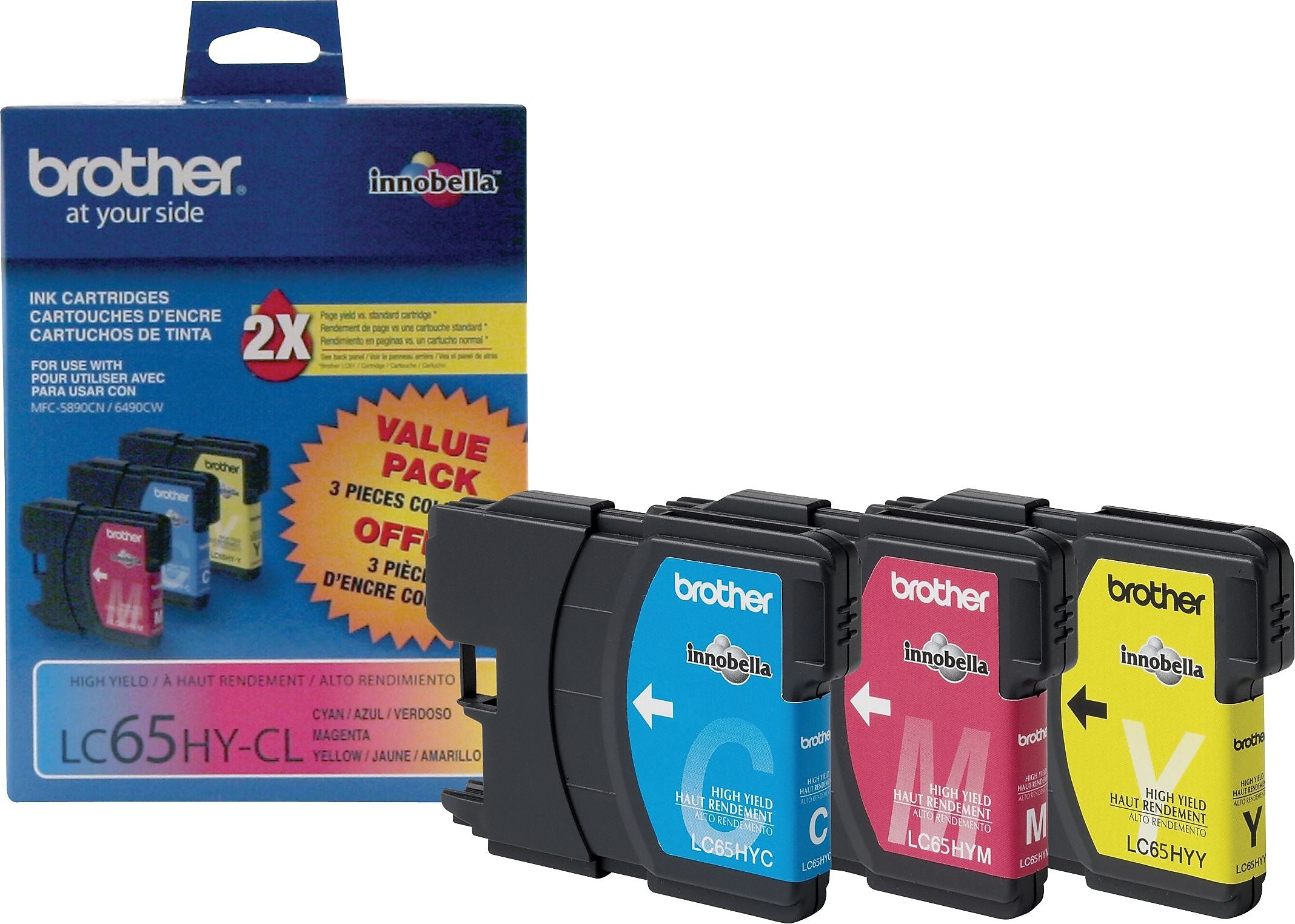 Brother LC653PKS Cyan/Magenta/Yellow High Yield Ink Cartridge, 3/Pack