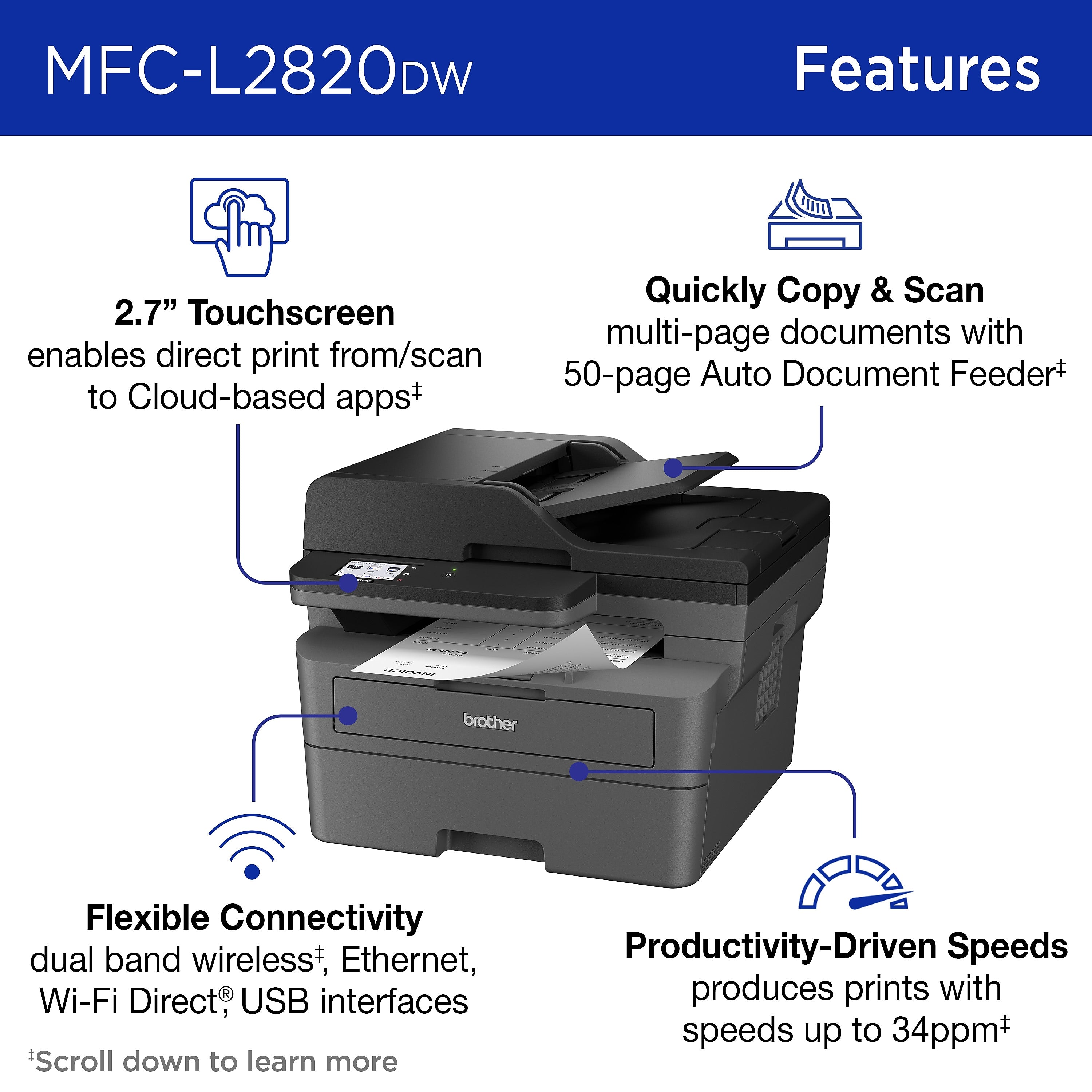Brother MFC-L2820DW Wireless Compact Monochrome All-in-One Laser Printer with Copy, Scan and Fax, Refresh Subscription Ready
