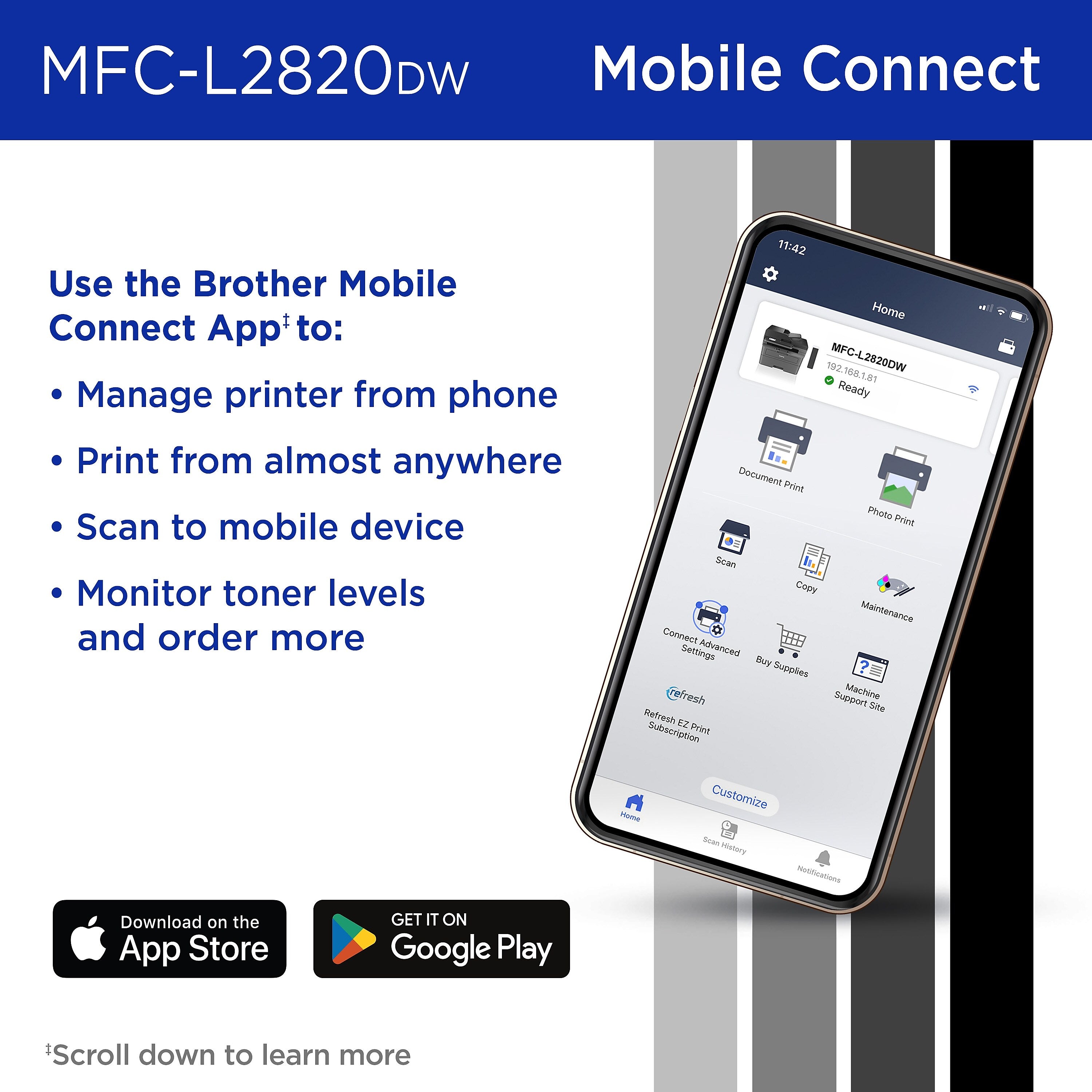 Brother MFC-L2820DW Wireless Compact Monochrome All-in-One Laser Printer with Copy, Scan and Fax, Refresh Subscription Ready