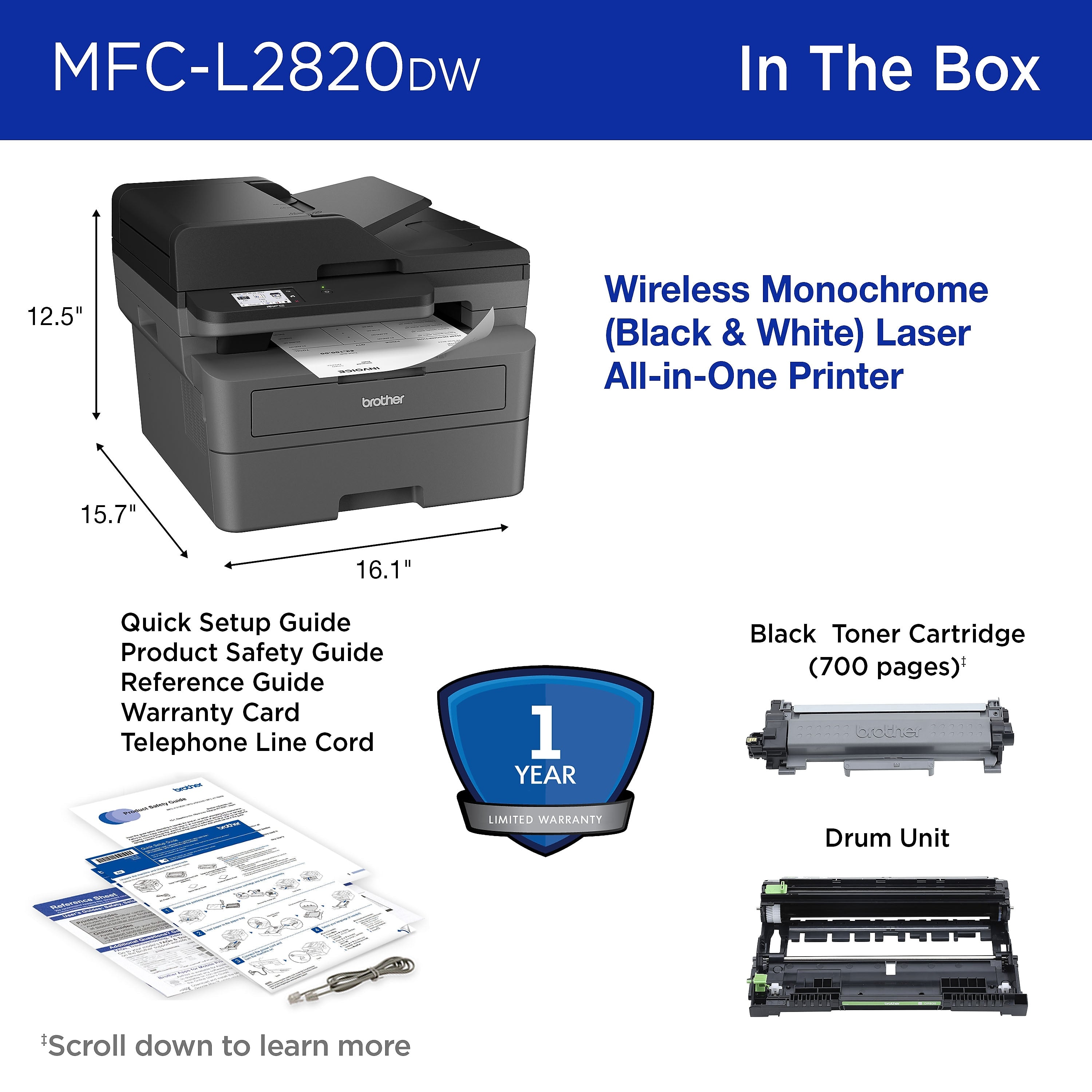 Brother MFC-L2820DW Wireless Compact Monochrome All-in-One Laser Printer with Copy, Scan and Fax, Refresh Subscription Ready