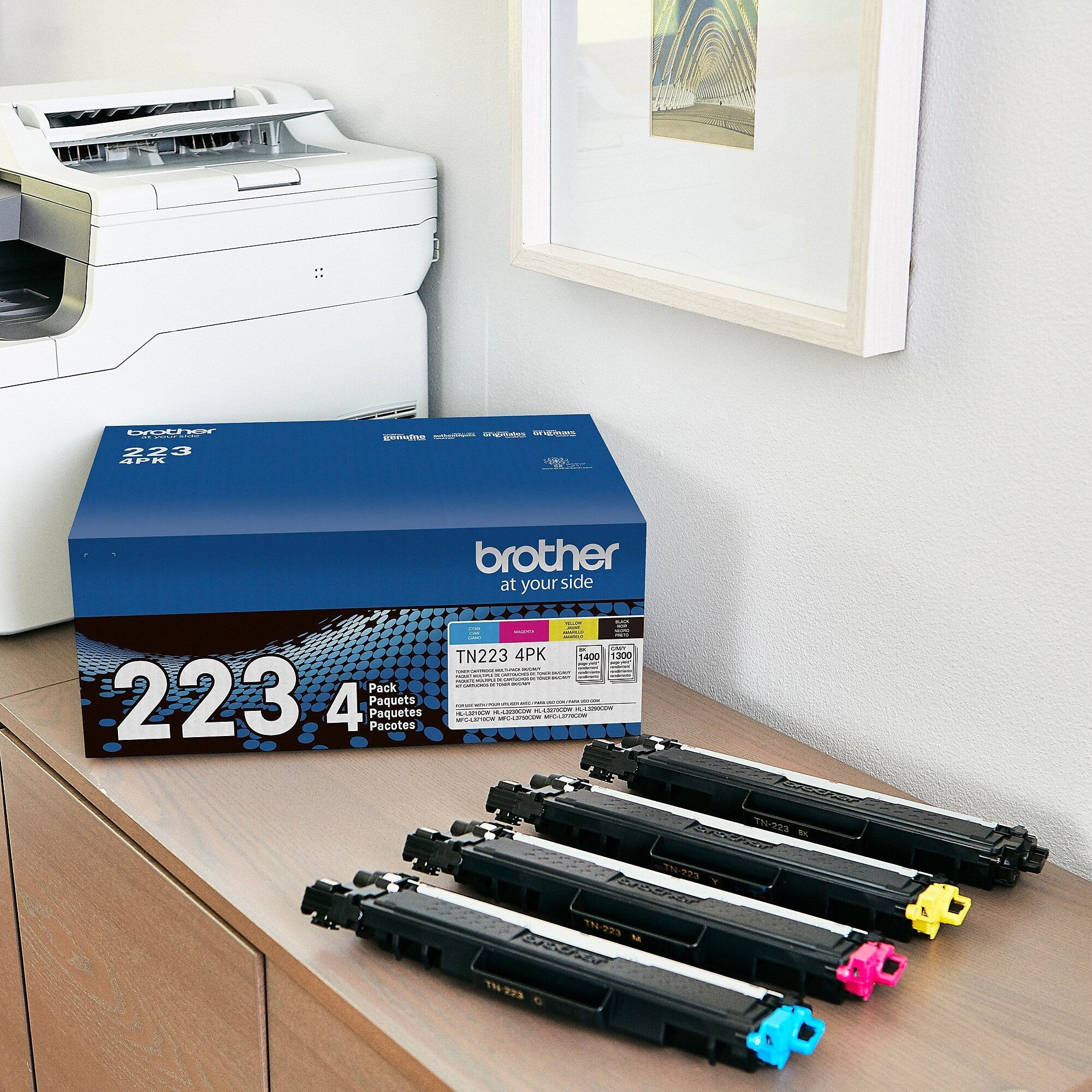 Brother TN-223 Black/Cyan/Magenta/Yellow Standard Yield Toner Cartridge, Up to 1,400 Pages, 4/Pack