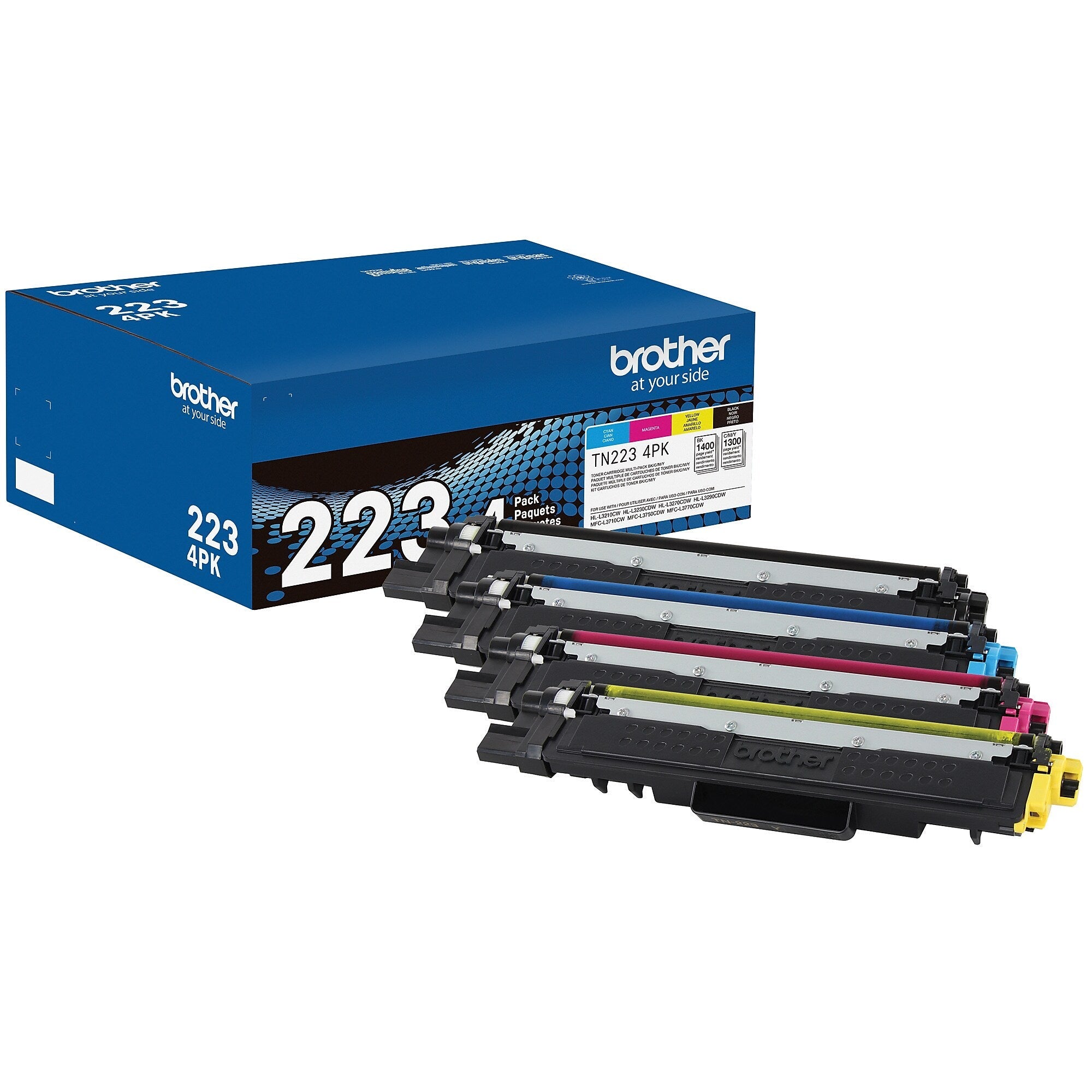 Brother TN-223 Black/Cyan/Magenta/Yellow Standard Yield Toner Cartridge, Up to 1,400 Pages, 4/Pack