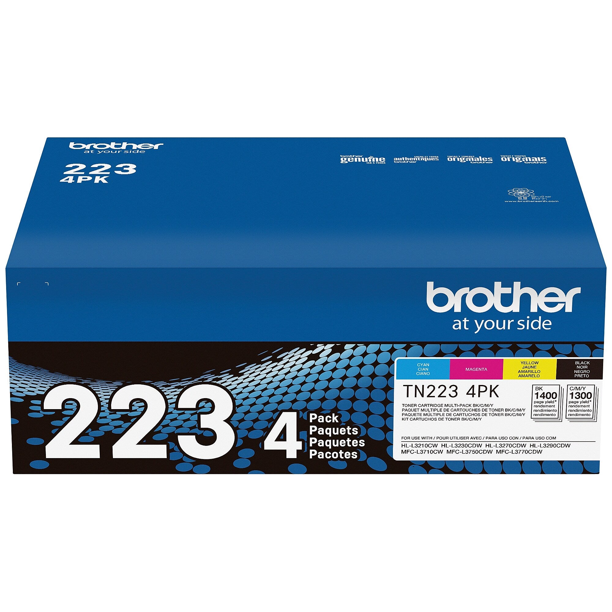 Brother TN-223 Black/Cyan/Magenta/Yellow Standard Yield Toner Cartridge, Up to 1,400 Pages, 4/Pack
