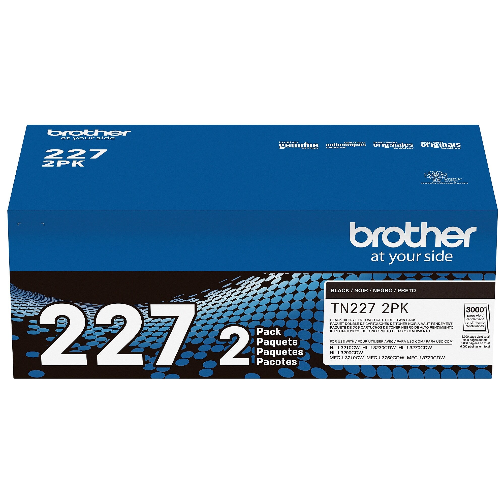 Brother TN-227 Black High Yield Toner Cartridge, Up to 3,000 Pages, 2/Pack