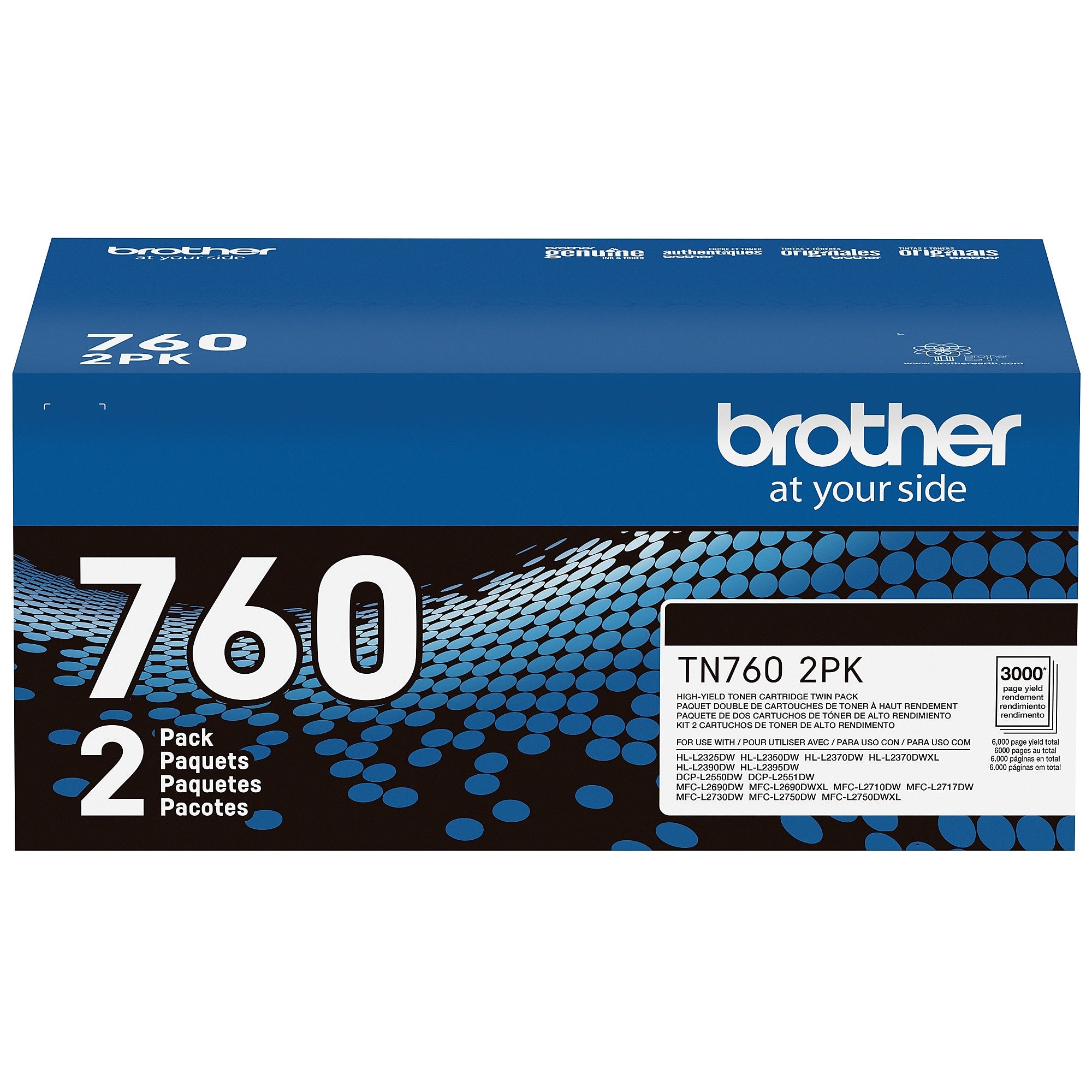 Brother TN 760 Black High Yield Toner Cartridge, 2/Pack