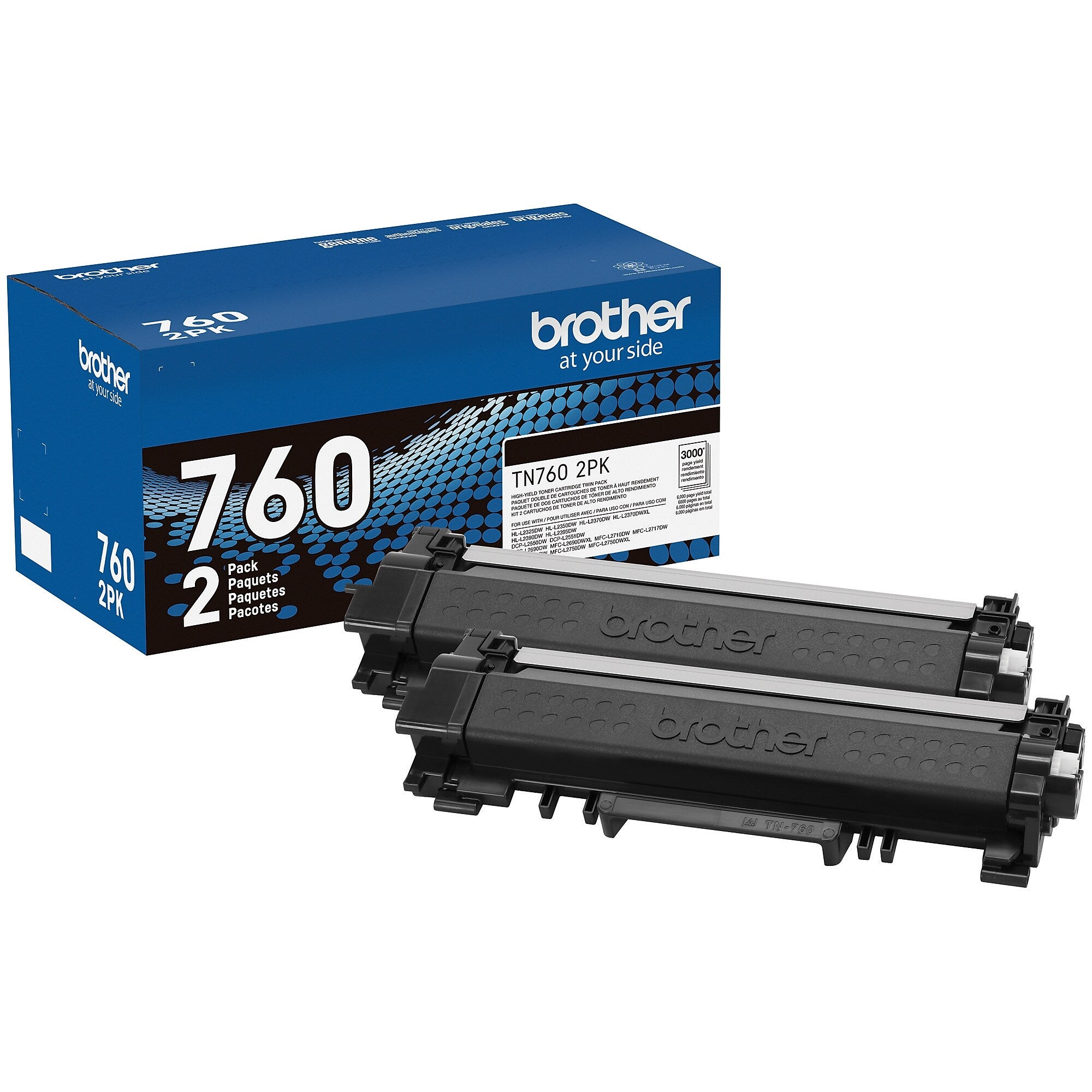 Brother TN 760 Black High Yield Toner Cartridge, 2/Pack