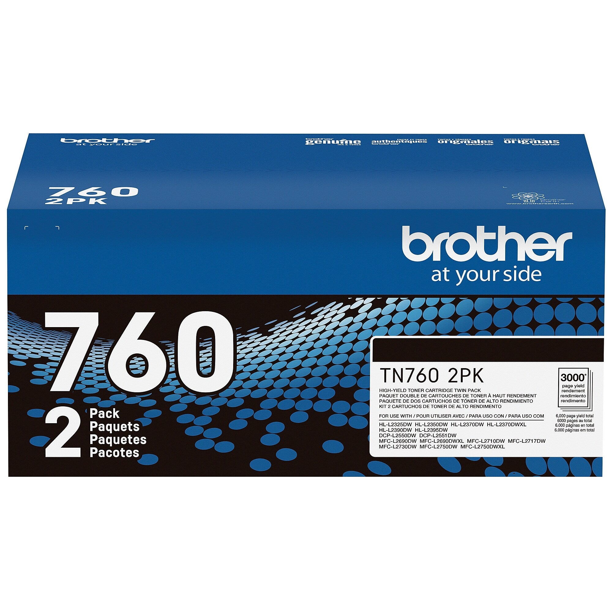 Brother TN 760 Black High Yield Toner Cartridge, 2/Pack