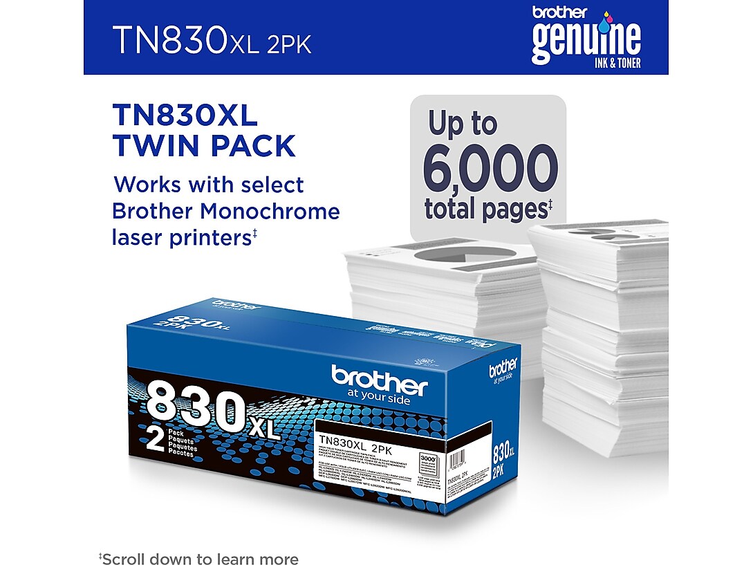 Brother TN830XL Black High Yield Toner Cartridge 2/Pack , print up to 3,000 pages