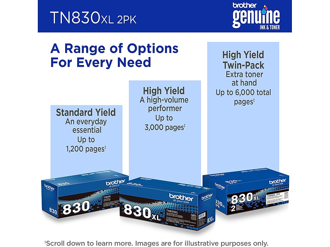 Brother TN830XL Black High Yield Toner Cartridge 2/Pack , print up to 3,000 pages