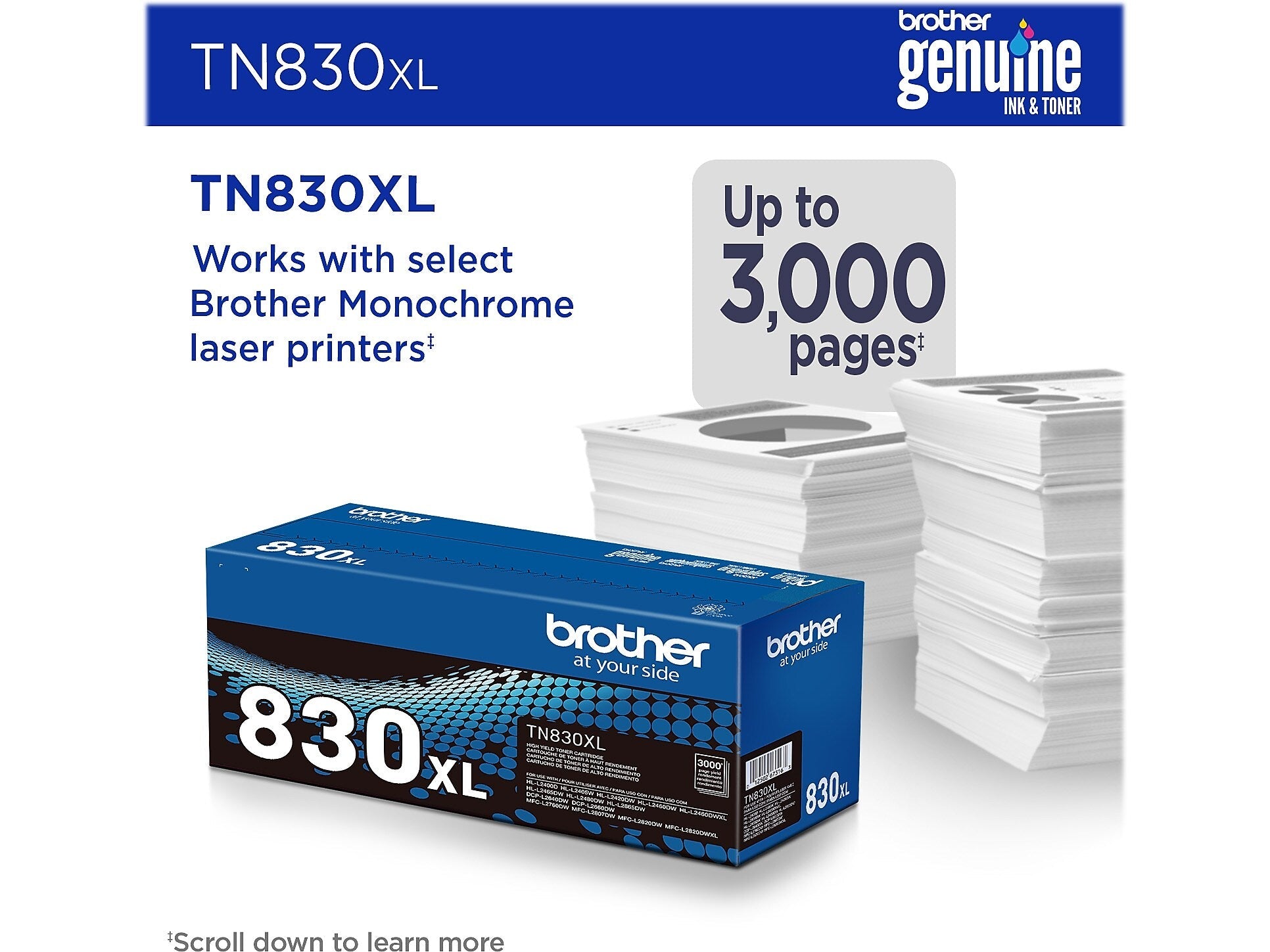 Brother TN830XL Black High Yield Toner Cartridge, print up to 3,000 pages