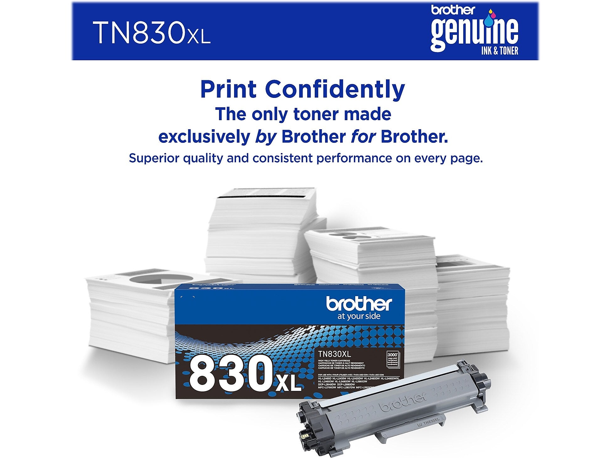 Brother TN830XL Black High Yield Toner Cartridge, print up to 3,000 pages