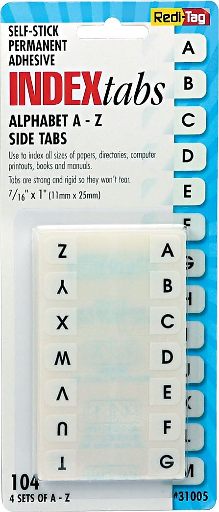 BTE A-Z Hanging Folder Tabs, 7/16" x 1", White, 104/Pack