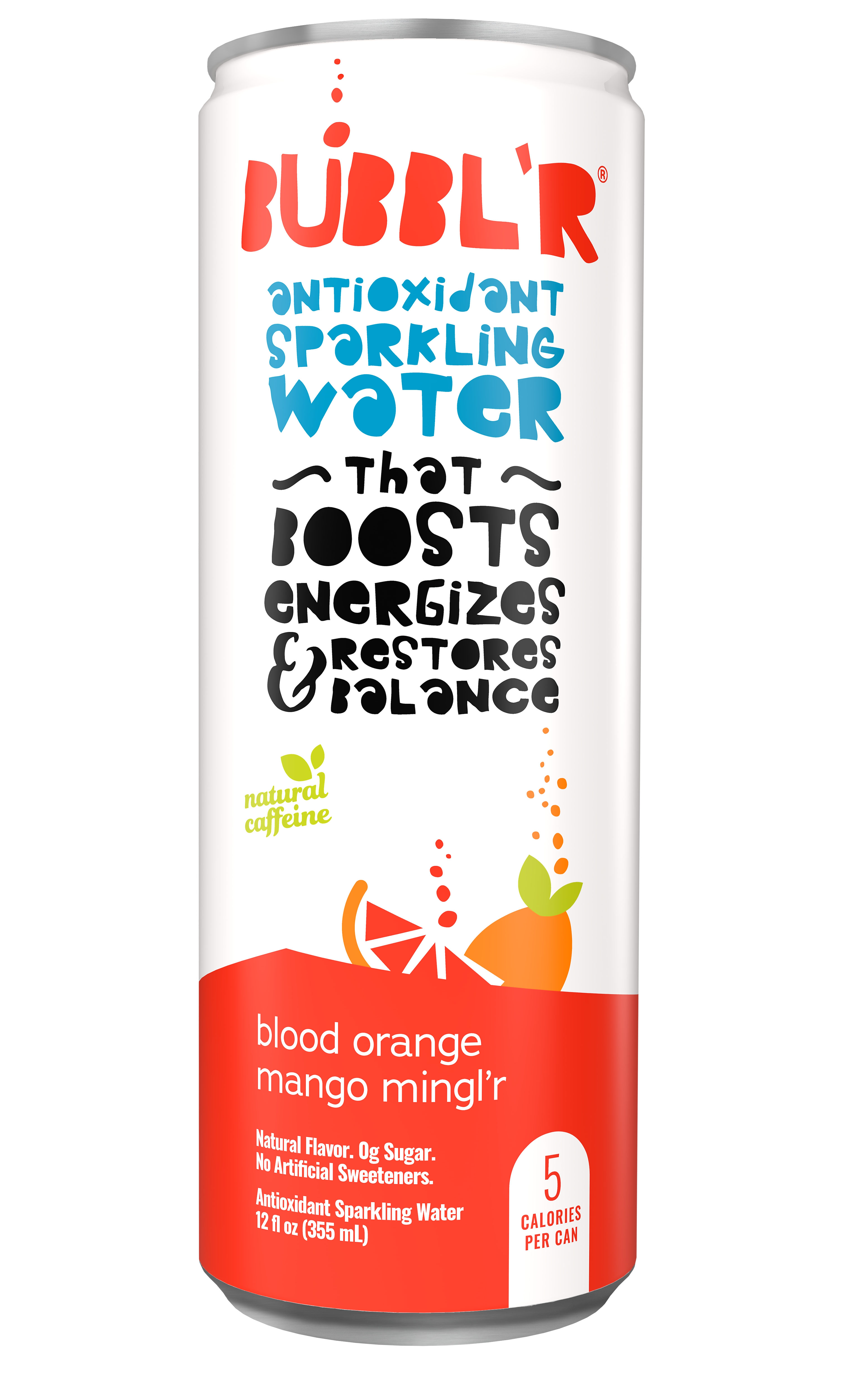 Bubbl'r Antioxidant Sparkling Water, Blood Orange Mango Mingl'r, 12 oz. Can, 12/Pack