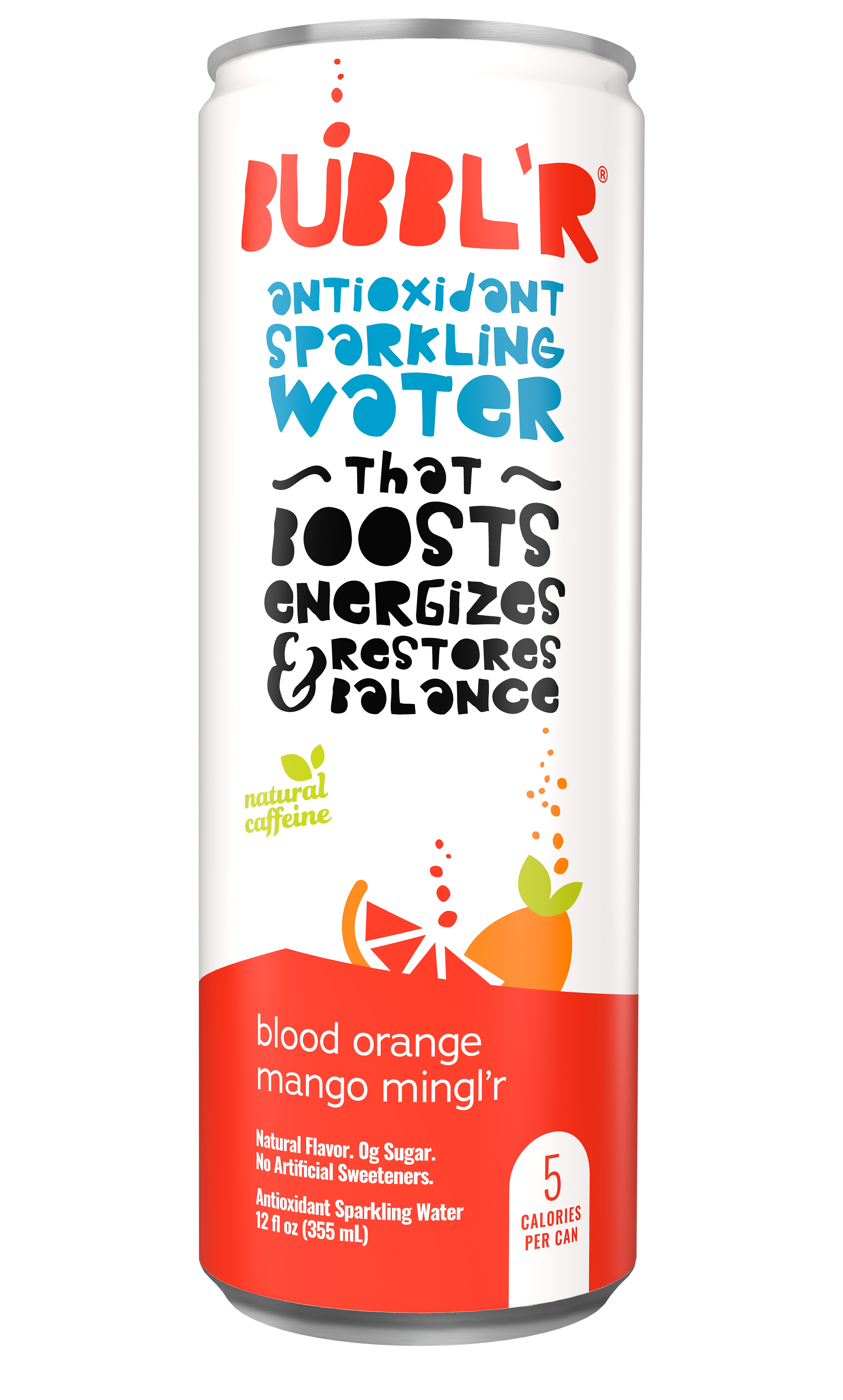 Bubbl'r Antioxidant Sparkling Water, Blood Orange Mango Mingl'r, 12 oz. Can, 12/Pack