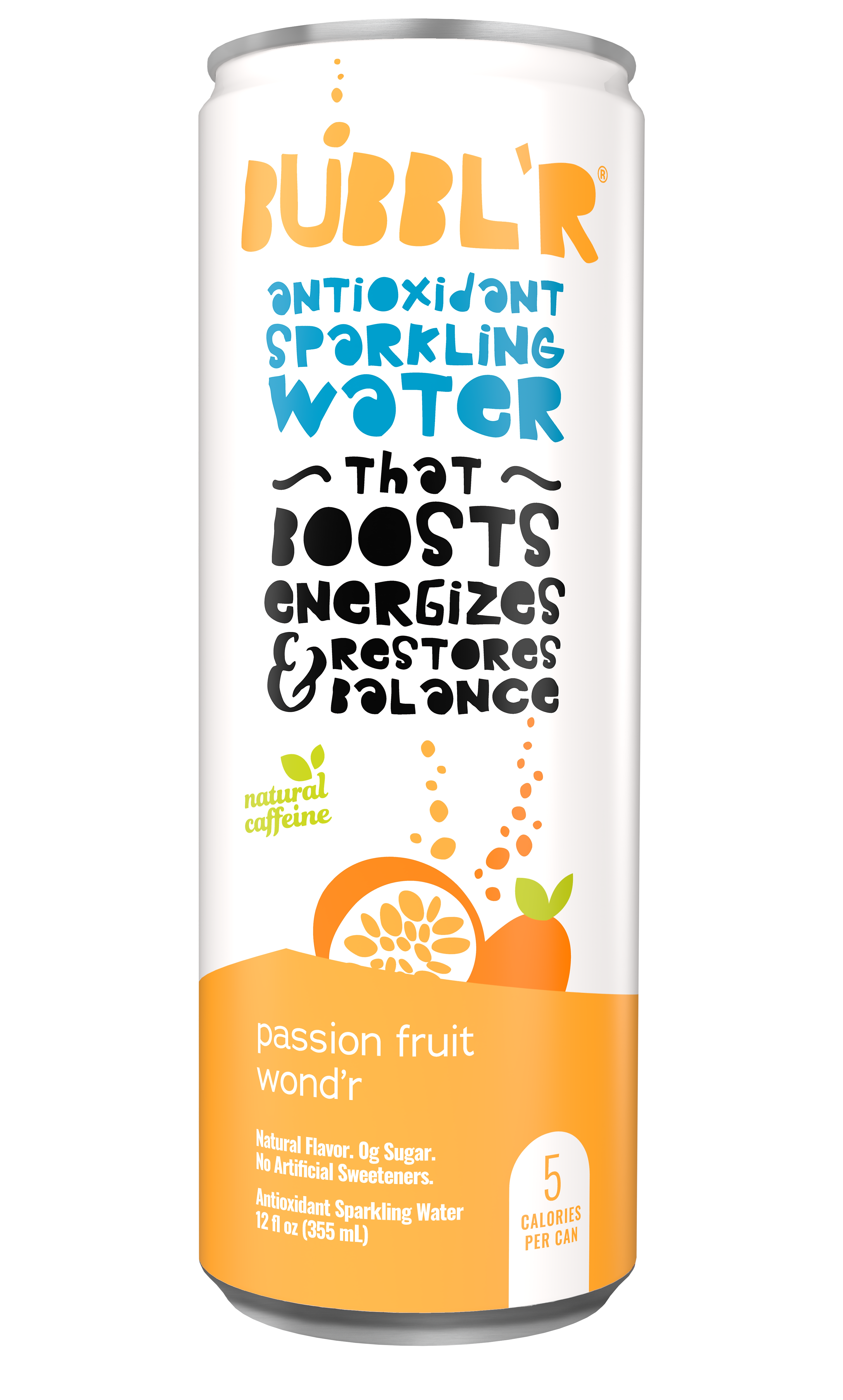 Bubbl'r Antioxidant Sparkling Water, Passion Fruit Wond'r, 12 oz. Can, 12/Pack