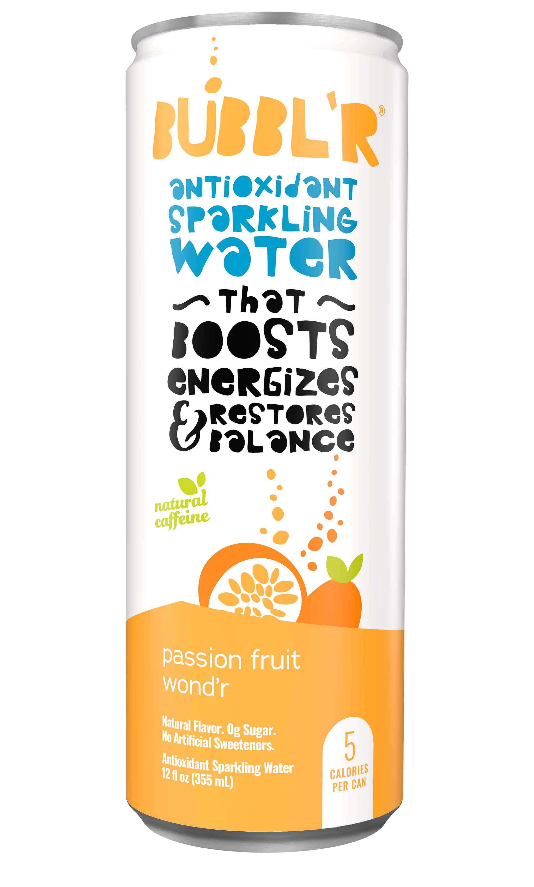 Bubbl'r Antioxidant Sparkling Water, Passion Fruit Wond'r, 12 oz. Can, 12/Pack