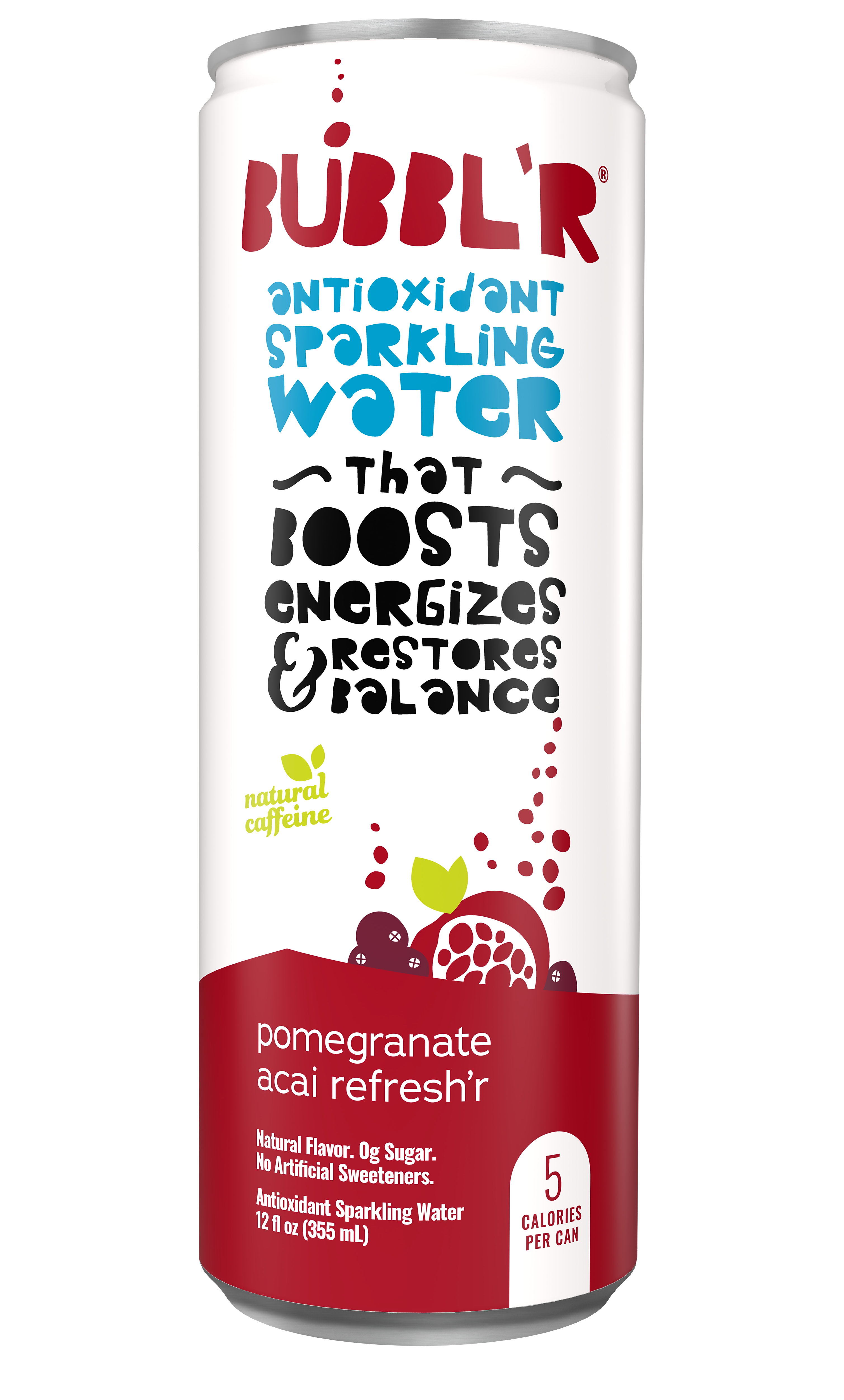 Bubbl'r Antioxidant Sparkling Water, Pomegranate Acai Refresh'r, 12 oz. Can, 12/Pack