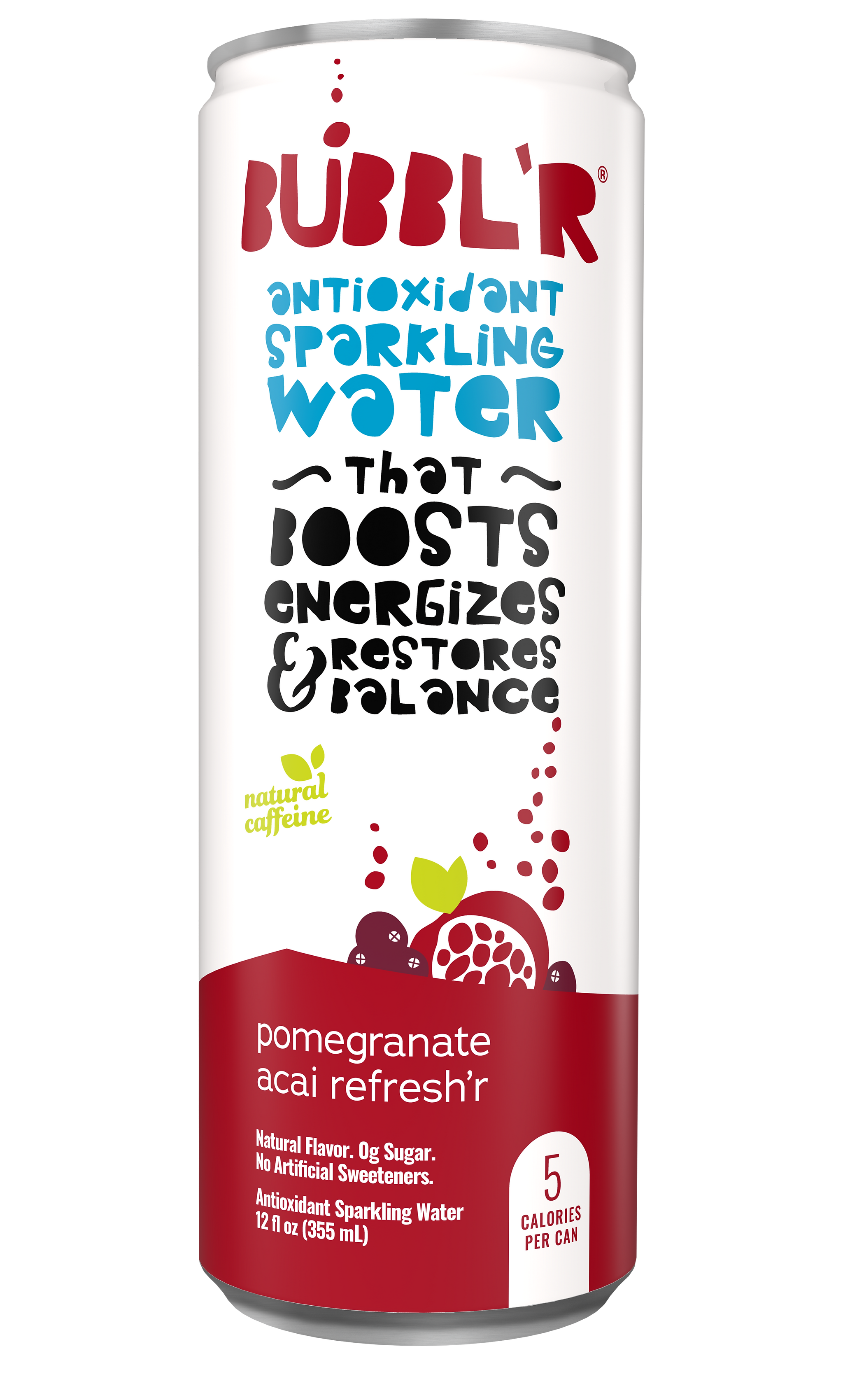 Bubbl'r Antioxidant Sparkling Water, Pomegranate Acai Refresh'r, 12 oz. Can, 12/Pack