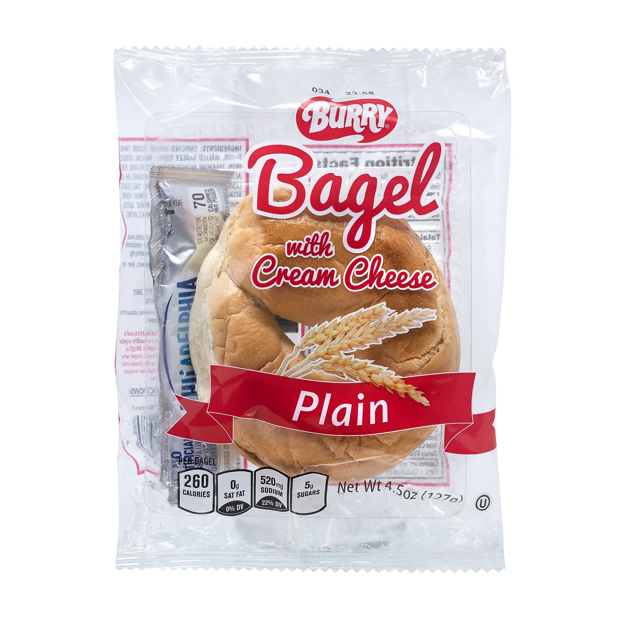 Burry Individually Wrapped Plain Bagel w/ Cream Cheese, 4.6 Oz, 6/Box