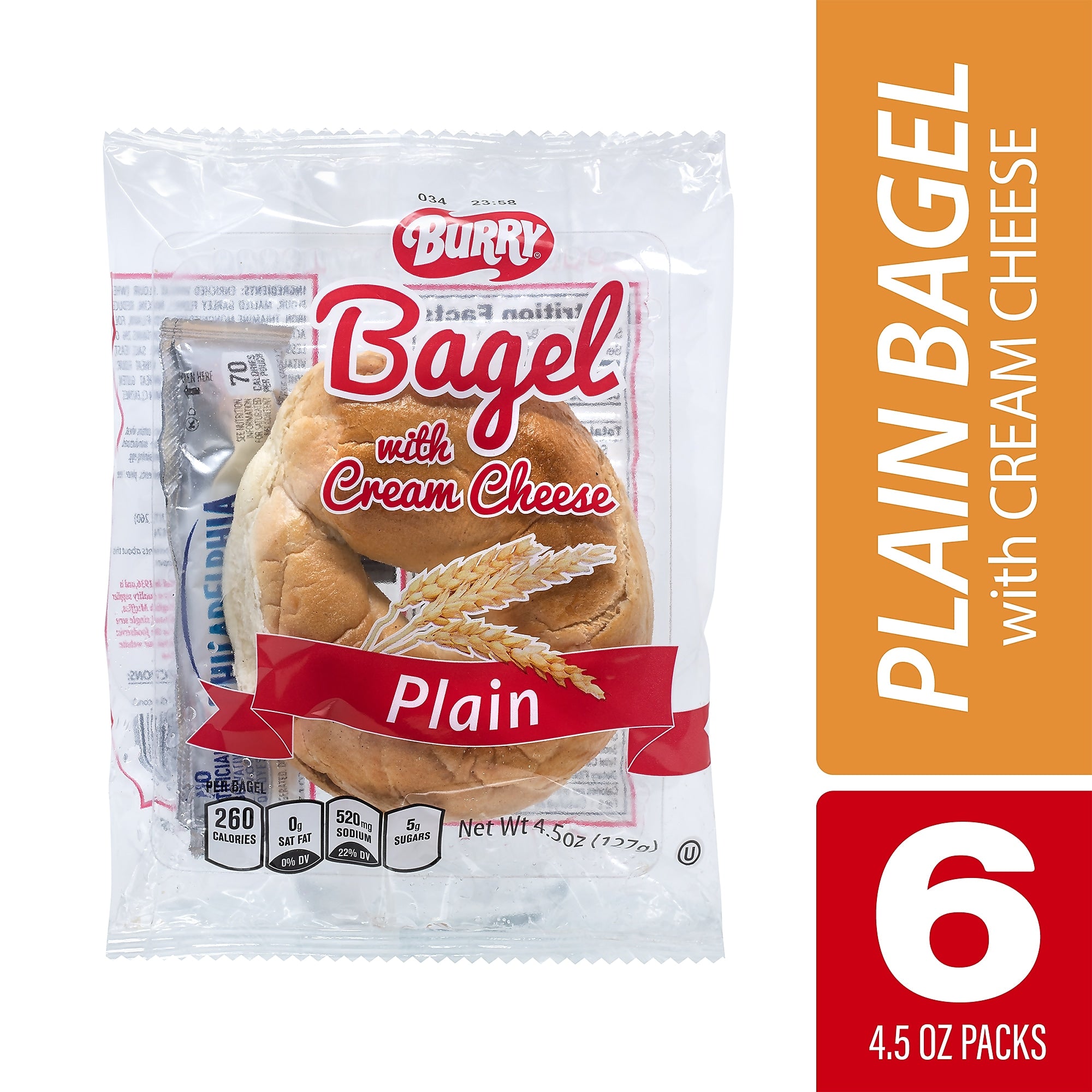 Burry Individually Wrapped Plain Bagel w/ Cream Cheese, 4.6 Oz, 6/Box