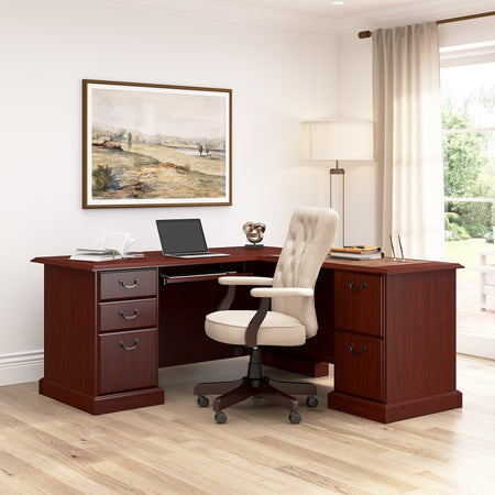 Bush Business Furniture 66"W Arlington L Shaped Desk with Drawers and Keyboard Tray, Harvest Cherry