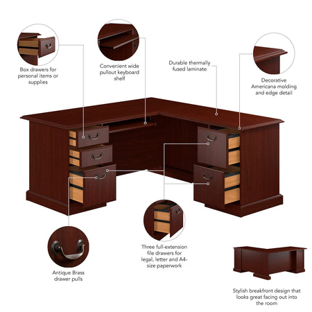 Bush Business Furniture 66"W Arlington L Shaped Desk with Drawers and Keyboard Tray, Harvest Cherry