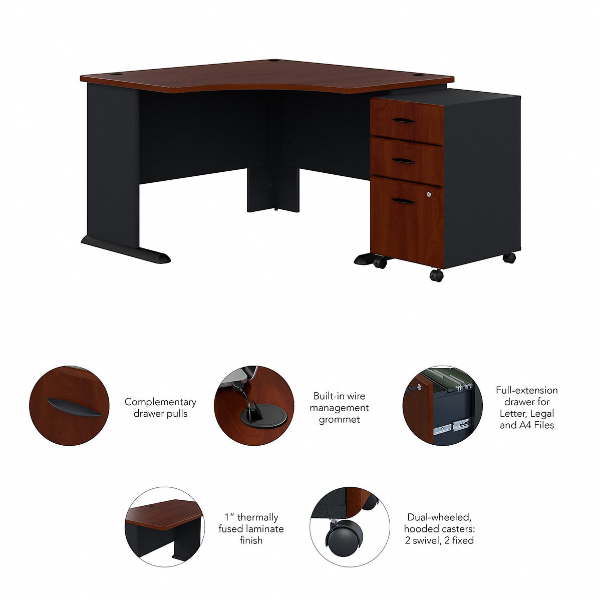 Bush Business Furniture Cubix 48"W Corner Desk with Mobile File Cabinet, Hansen Cherry/Galaxy