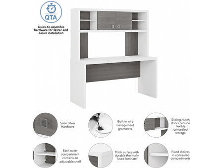 Bush Business Furniture Echo 60"W Credenza Desk with Hutch, Pure White/Modern Gray