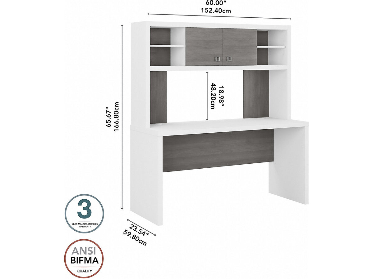 Bush Business Furniture Echo 60"W Credenza Desk with Hutch, Pure White/Modern Gray