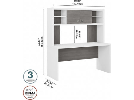 Bush Business Furniture Echo 60"W Credenza Desk with Hutch, Pure White/Modern Gray