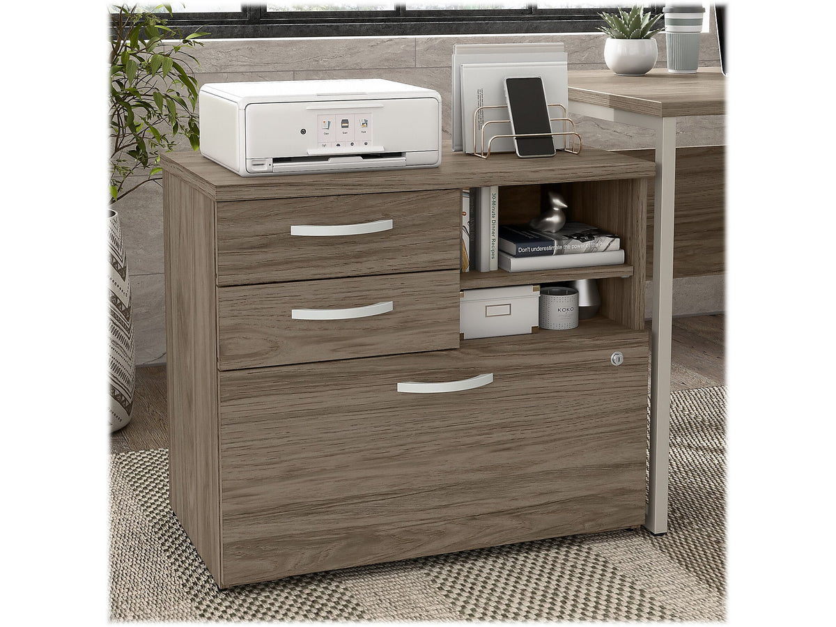 Bush Business Furniture Hybrid 26" Office Storage Cabinet with Drawers and 2 Shelves, Modern Hickory